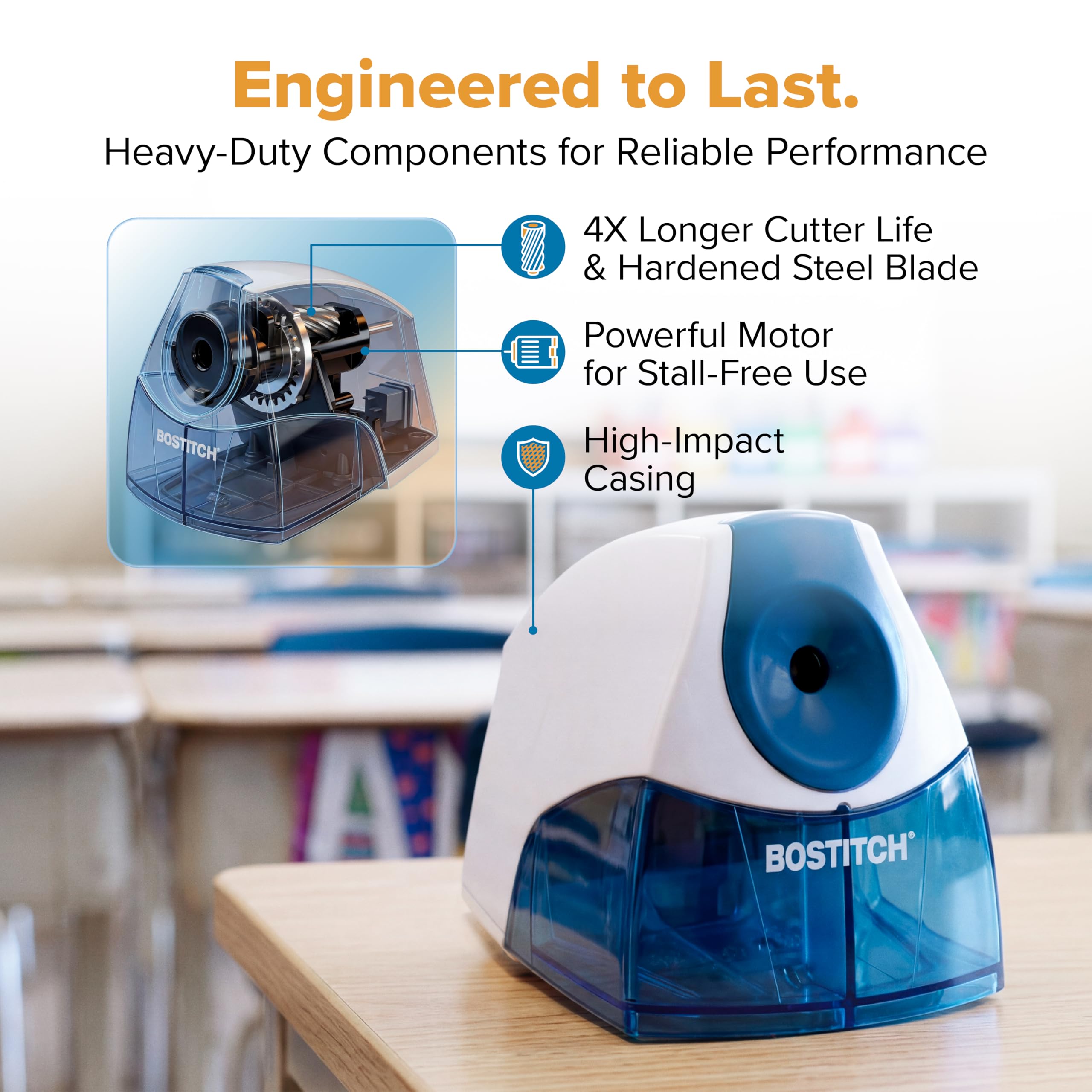 Bostitch junto a notebook compara tamaño y optimiza el espacio del escritorio