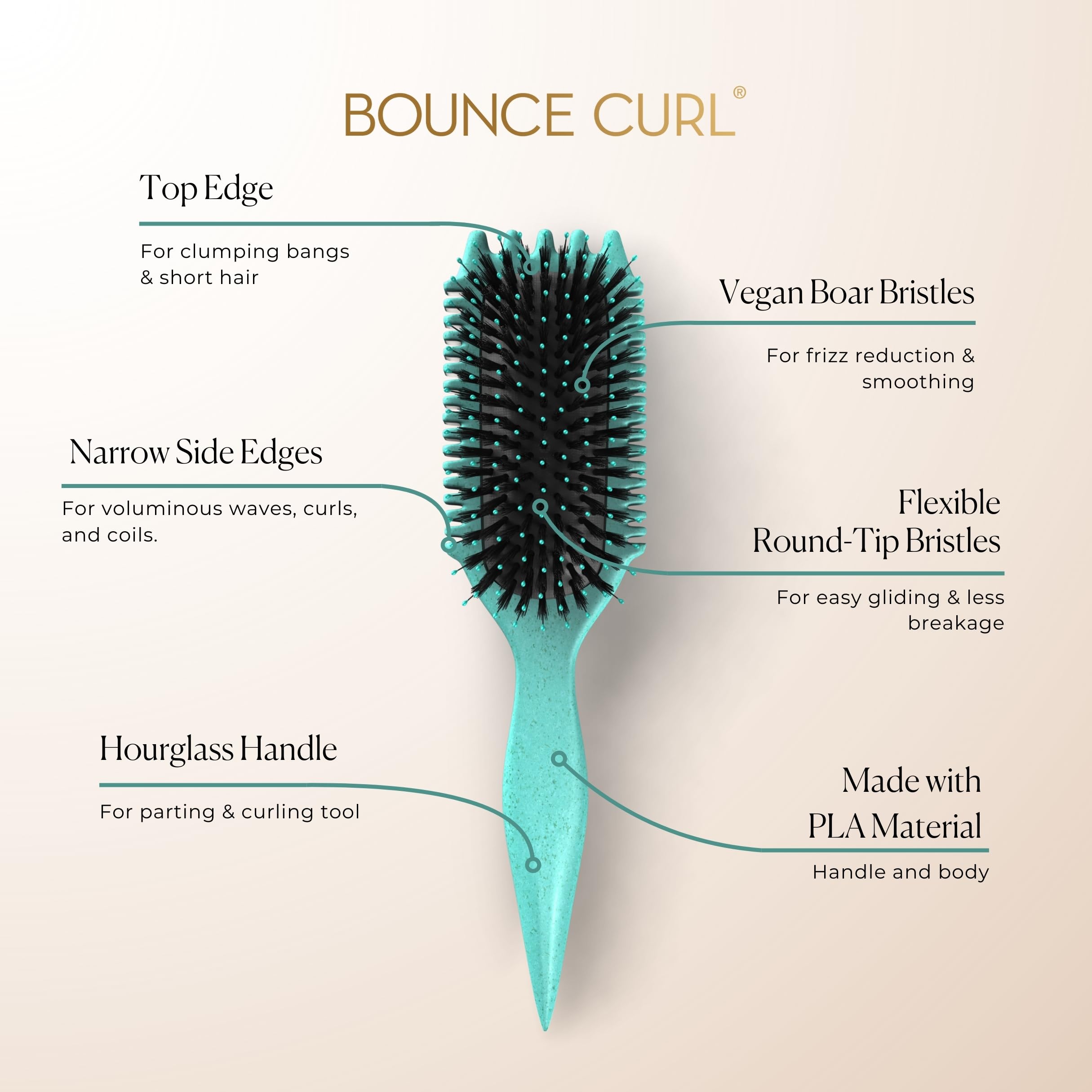 Bounce Curl primer plano de cerdas veganas que suavizan y definen rizos naturalmente