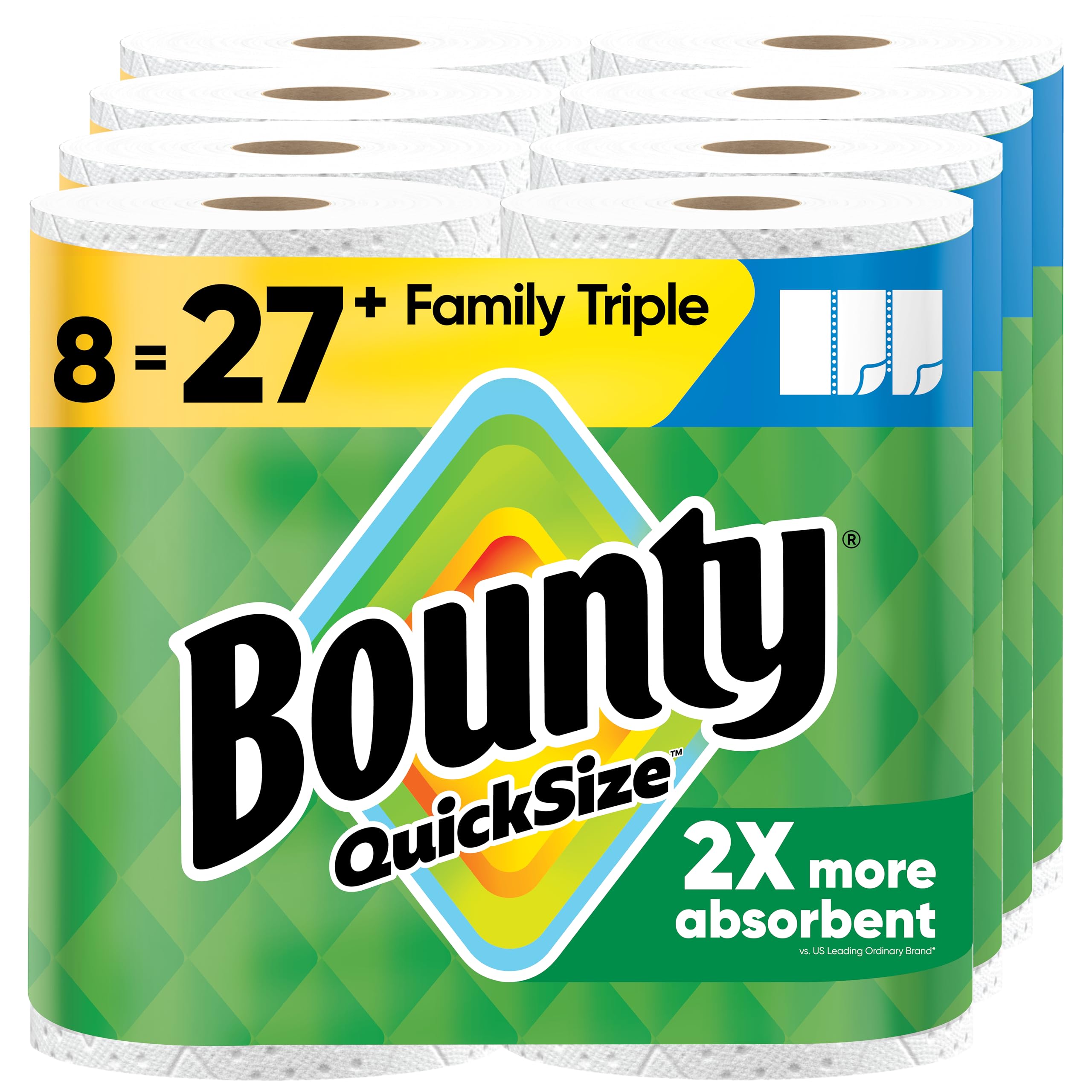 Bounty frente del paquete mostrando 8 Family Triple Rolls y ahorro