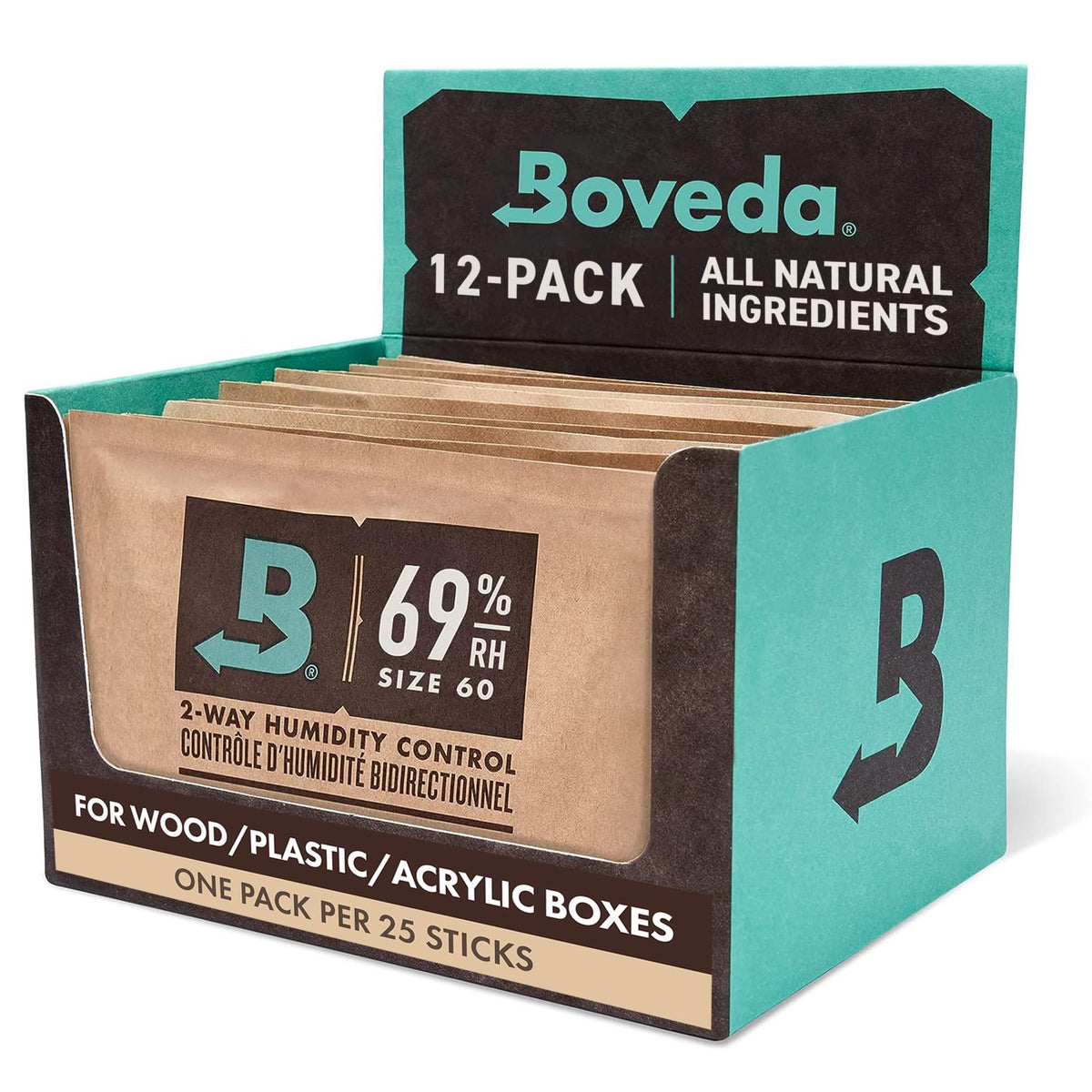 Boveda paquete frontal mostrando 12 paquetes y marca Boveda, conserva humedad fácil