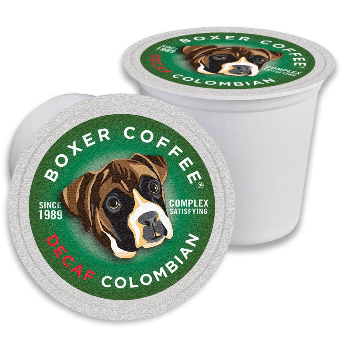 Boxer Coffee cápsulas K-Cup frente mostrando caja reciclable y beneficio de sabor intenso
