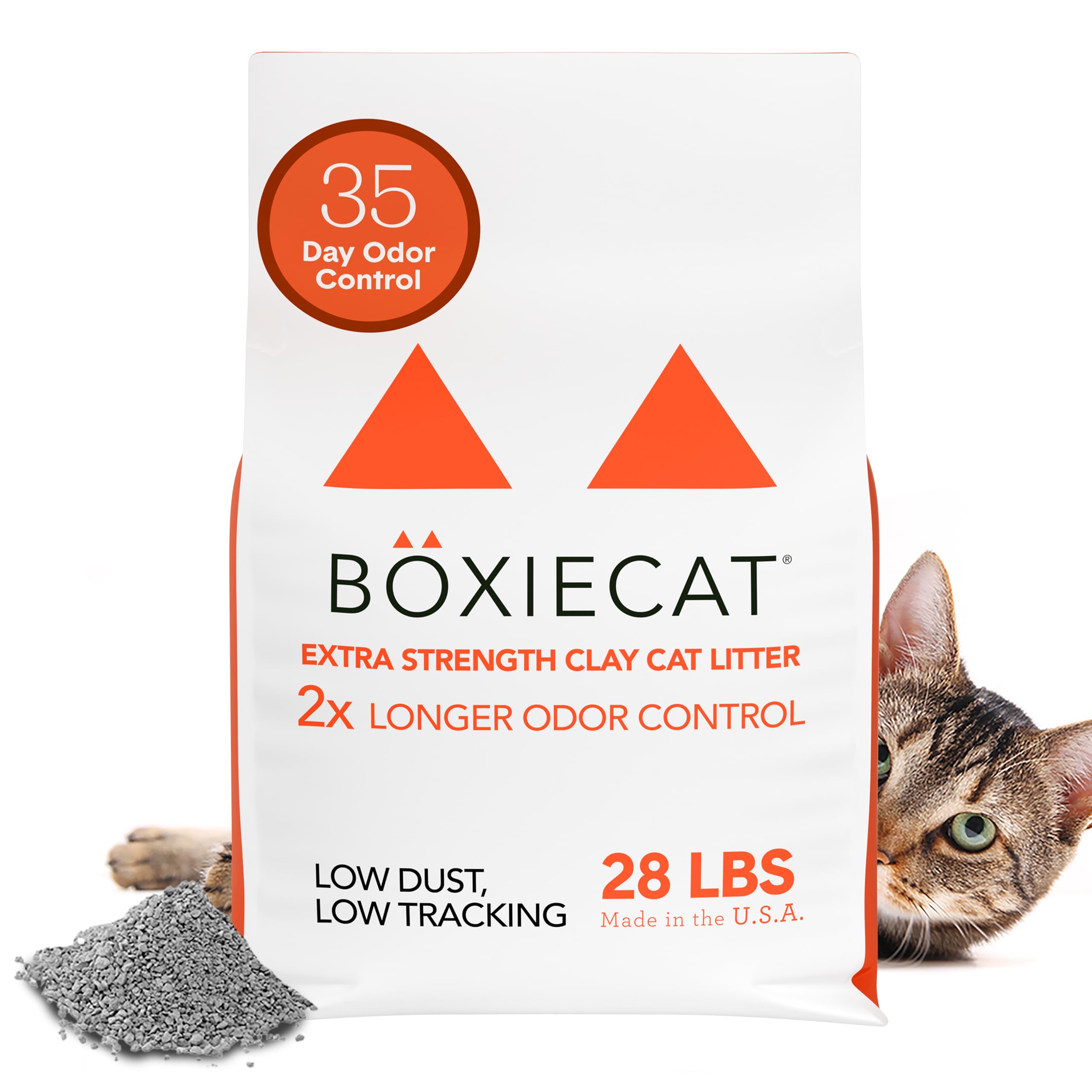 Boxiecat frente del empaque 28 lb mostrando marca y beneficios de control de olores