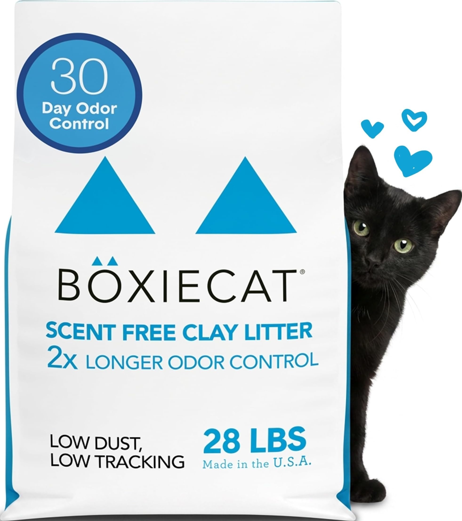 Boxiecat paquete frontal 28 lb mostrando marca y formato, beneficio control prolongado