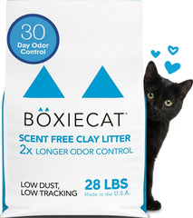 Boxiecat paquete frontal 28 lb mostrando marca y formato, beneficio control prolongado