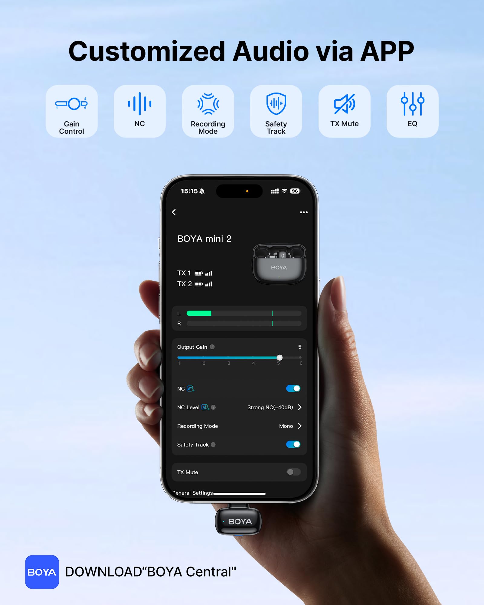 BOYA pantalla de app BOYA Central en teléfono mostrando ajustes rápidos