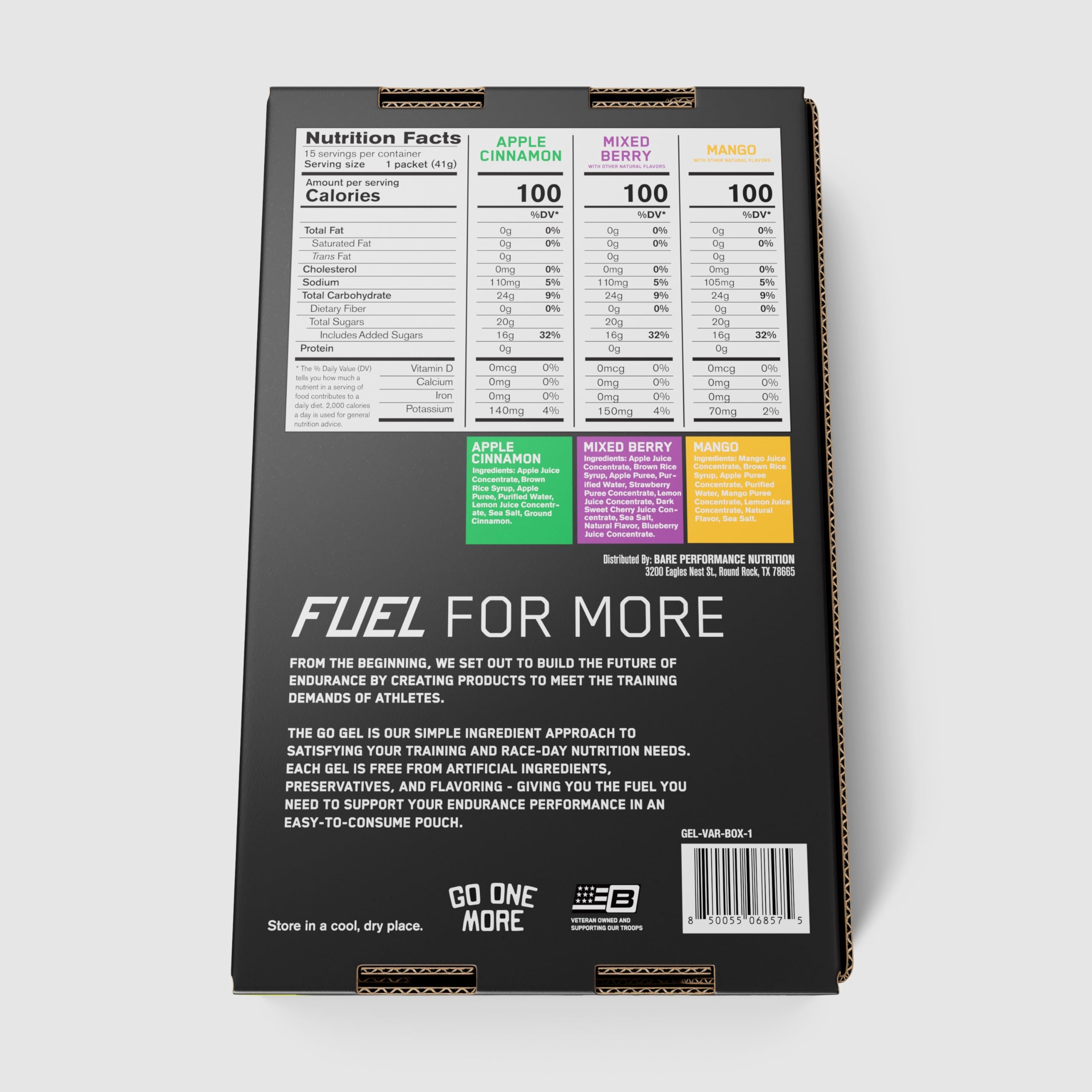 BARE PERFORMANCE NUTRITION mano junto a sobre BPN Go Gel comparación de tamaño portátil