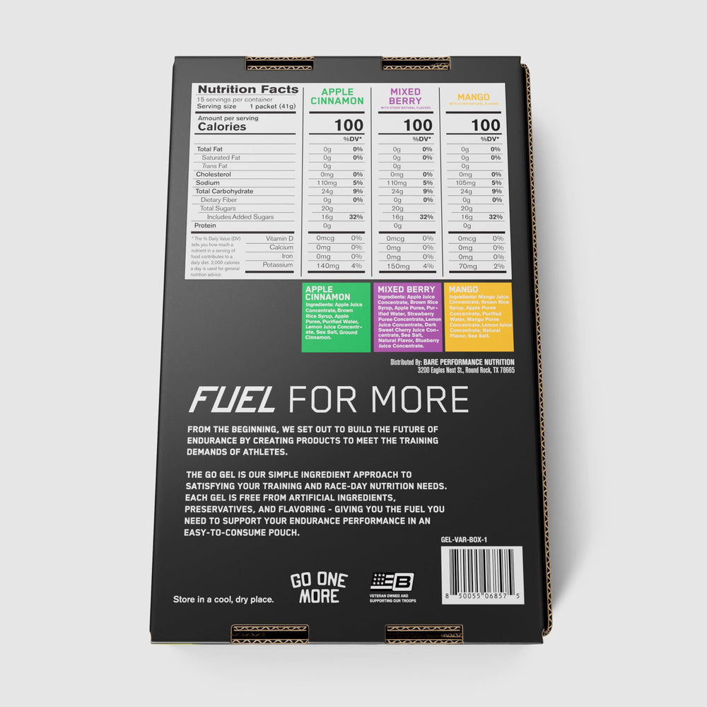 BARE PERFORMANCE NUTRITION mano junto a sobre BPN Go Gel comparación de tamaño portátil