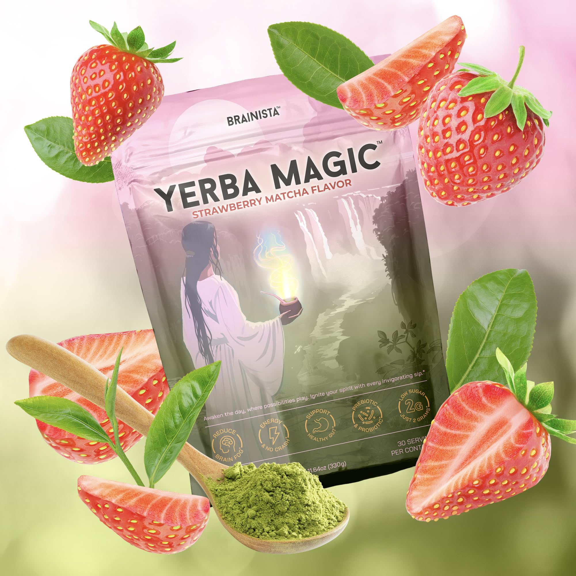 Brainista persona en oficina tomando Yerba Magic para concentración