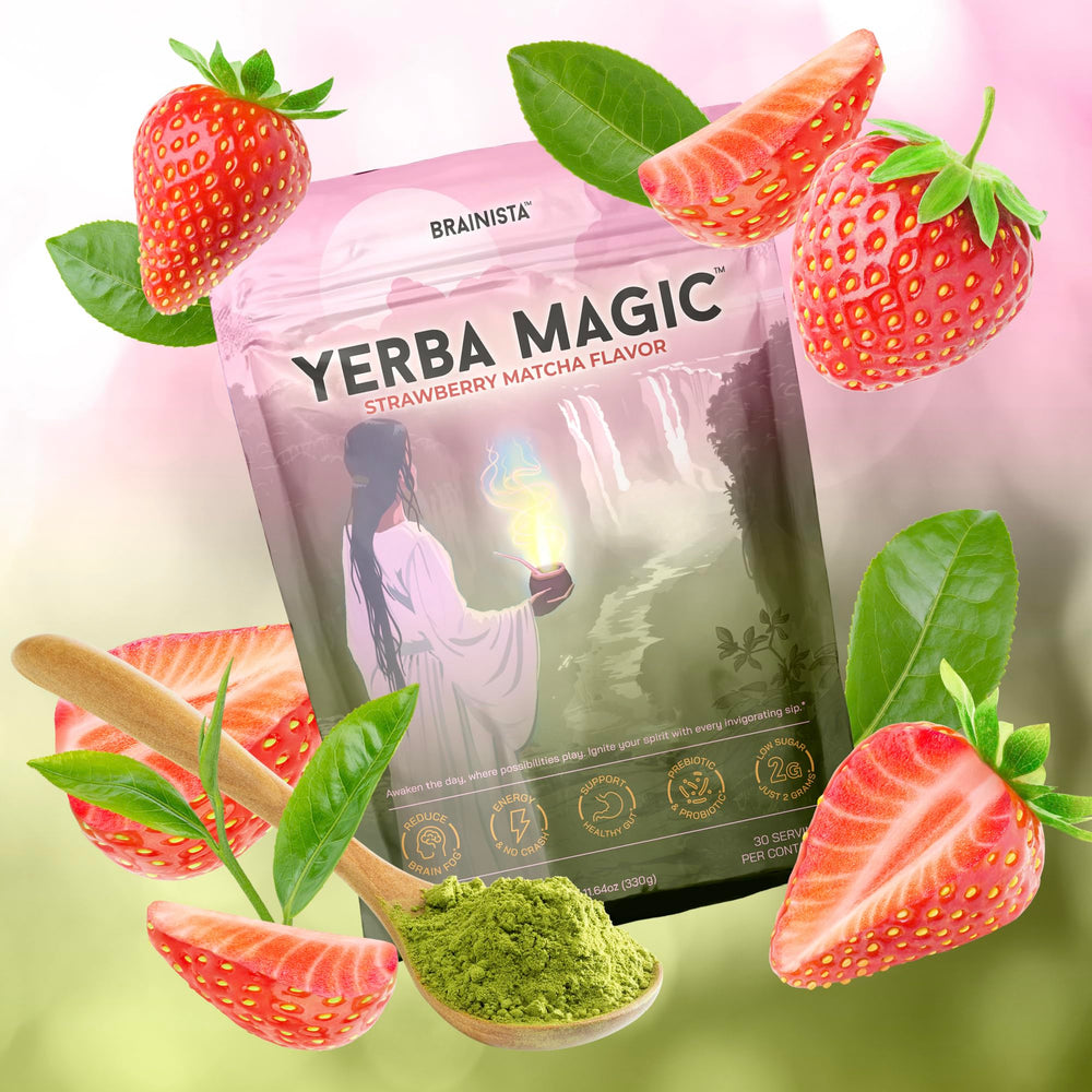 Brainista persona en oficina tomando Yerba Magic para concentración