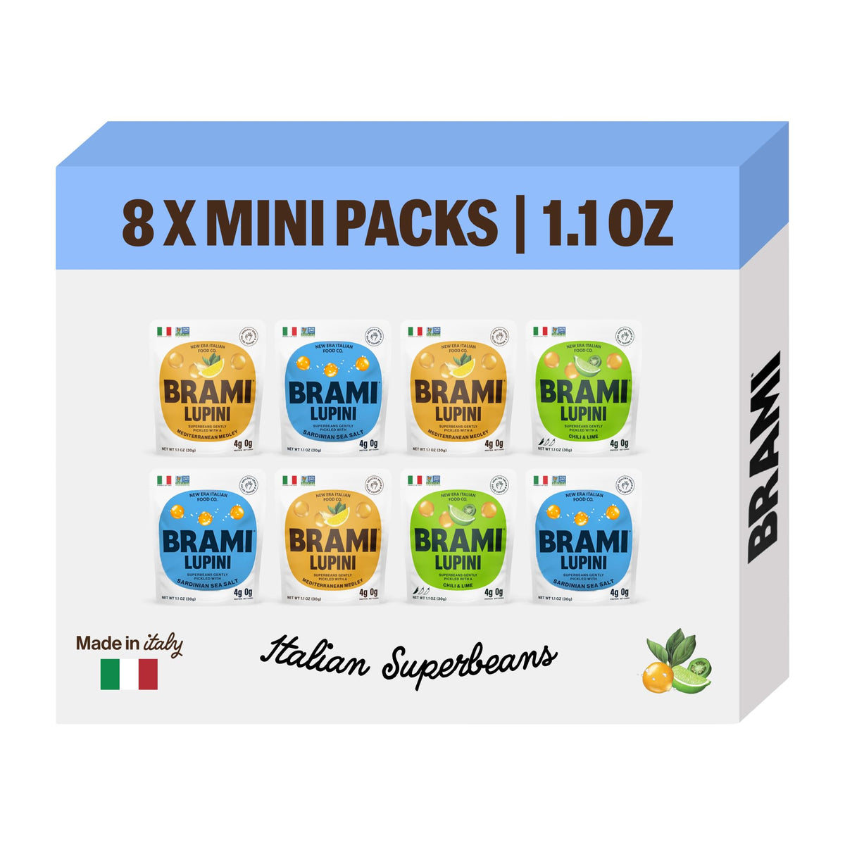BRAMI pack frontal mostrando las cuatro variedades y beneficio portable