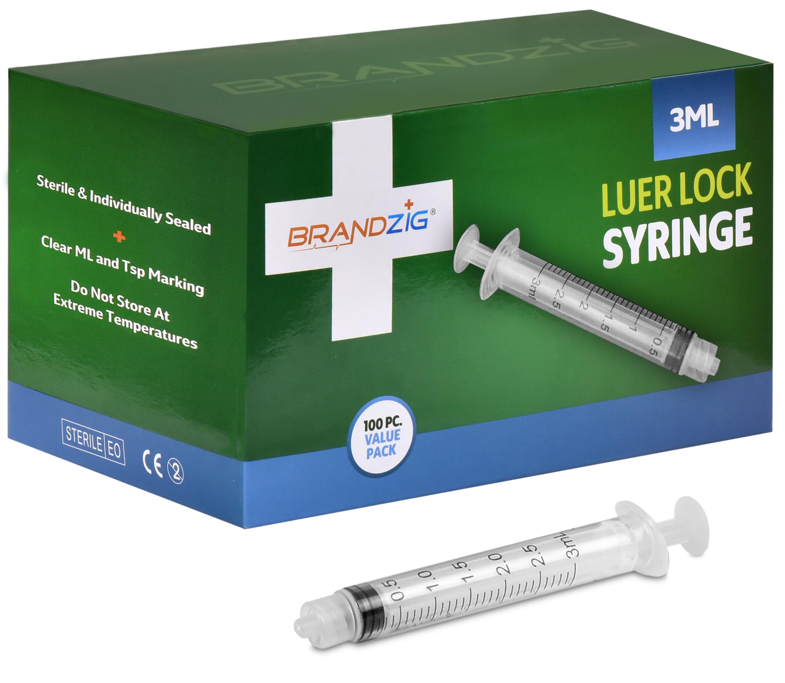 BRANDZIG jeringa Luer Lock 3 ml vista frontal y empaque individual, higiene y precisión