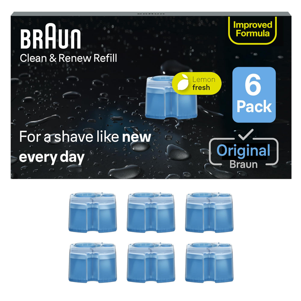 Braun pack frontal mostrando los seis cartuchos, limpieza prolongada