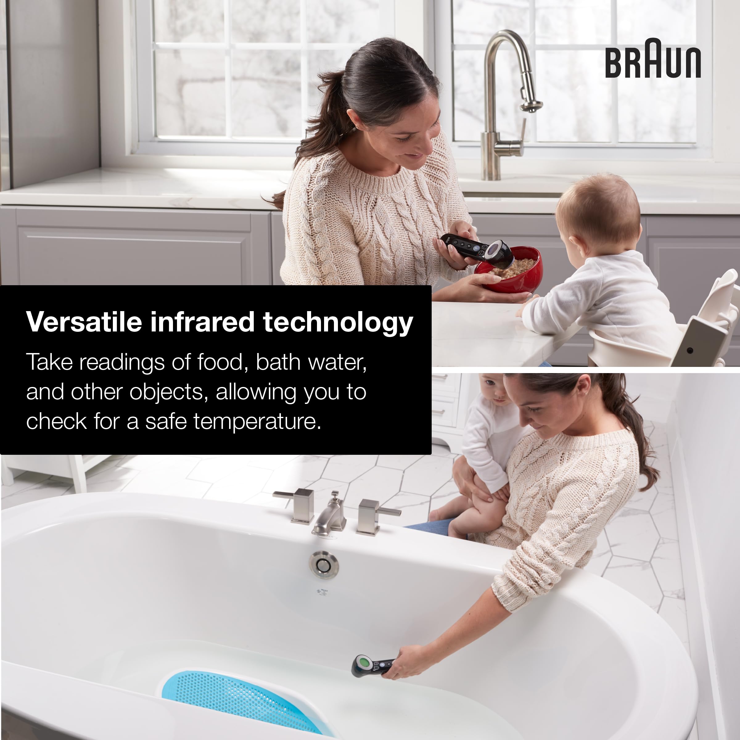 Braun Sensian 7 midiendo temperatura de un biberón para seguridad alimentaria