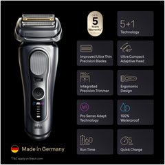 Braun Series 9 PRO+ primer plano de las láminas 5+1, demuestra corte apurado sin tirones