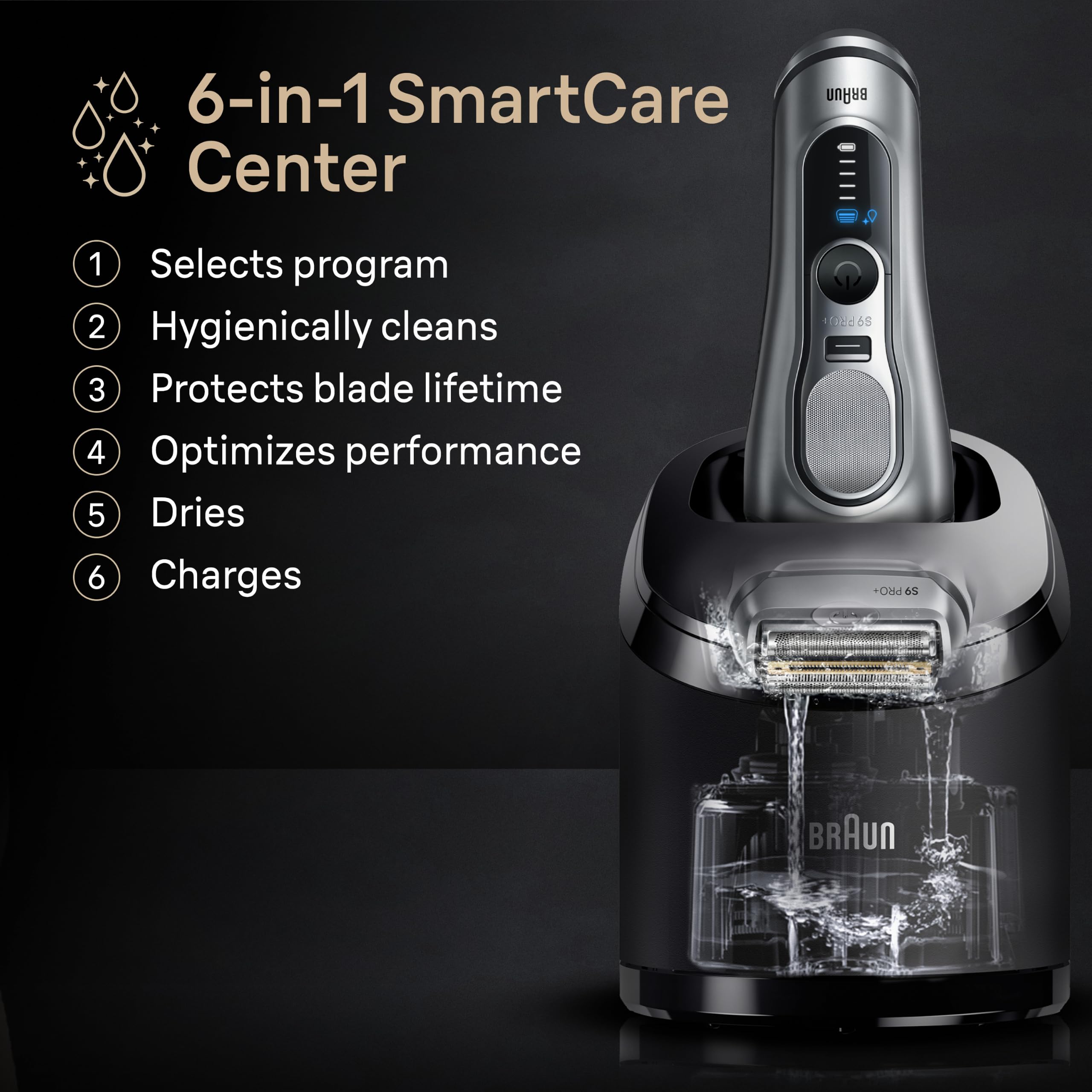 Braun Series 9 PRO+ comparación de tamaño junto a un cepillo y smartphone para escala