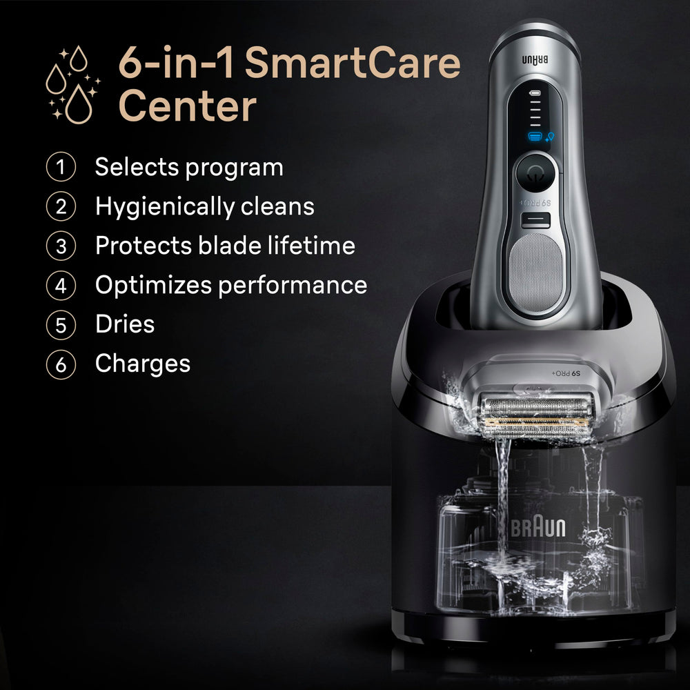 Braun Series 9 PRO+ comparación de tamaño junto a un cepillo y smartphone para escala