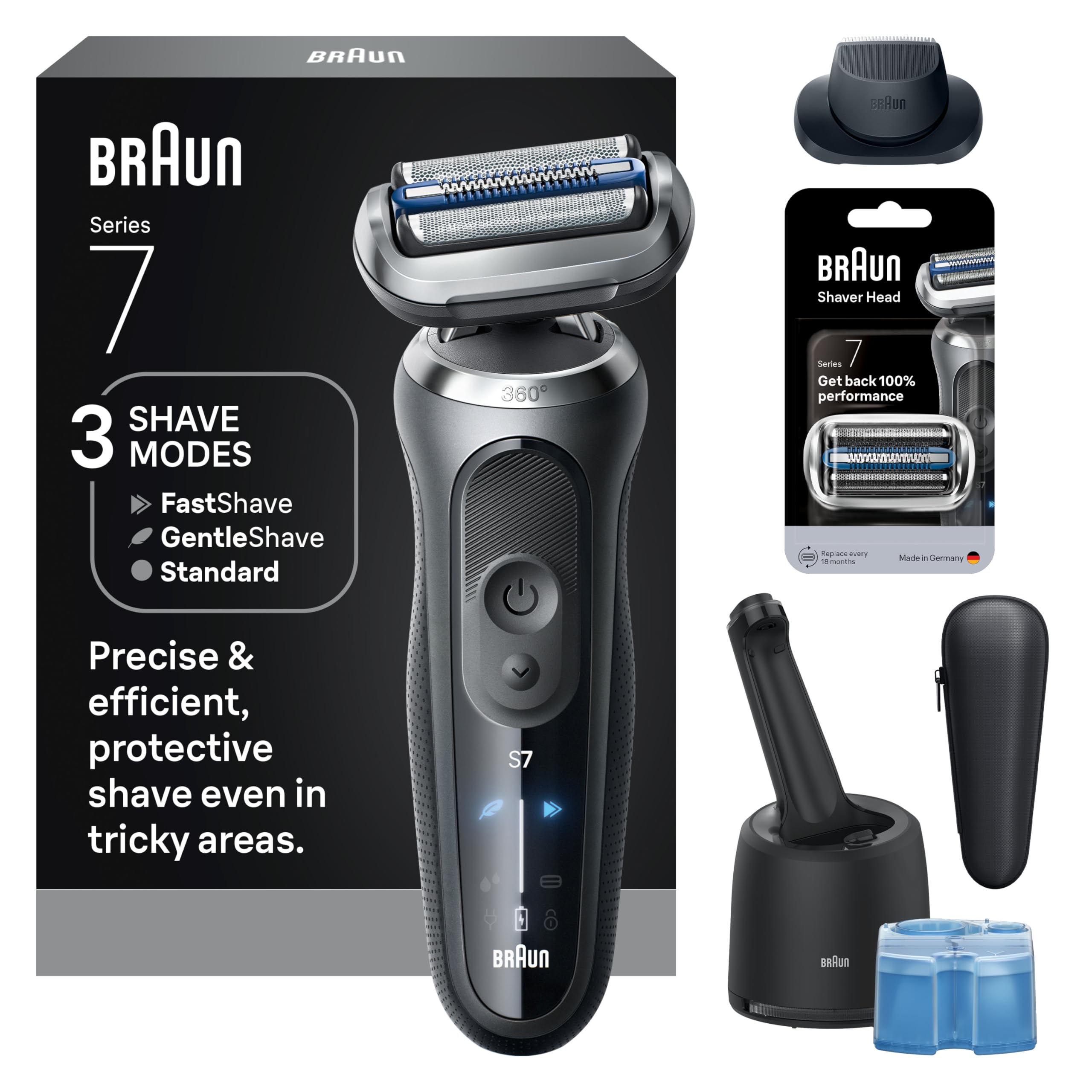 Braun Series 7 vista frontal con diseño gris y ergonomía superior