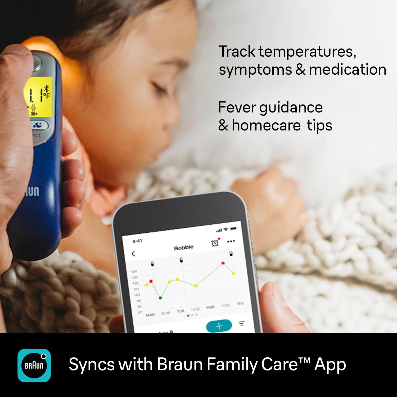Braun ThermoScan 7+ en uso en oído infantil mostrando fácil toma