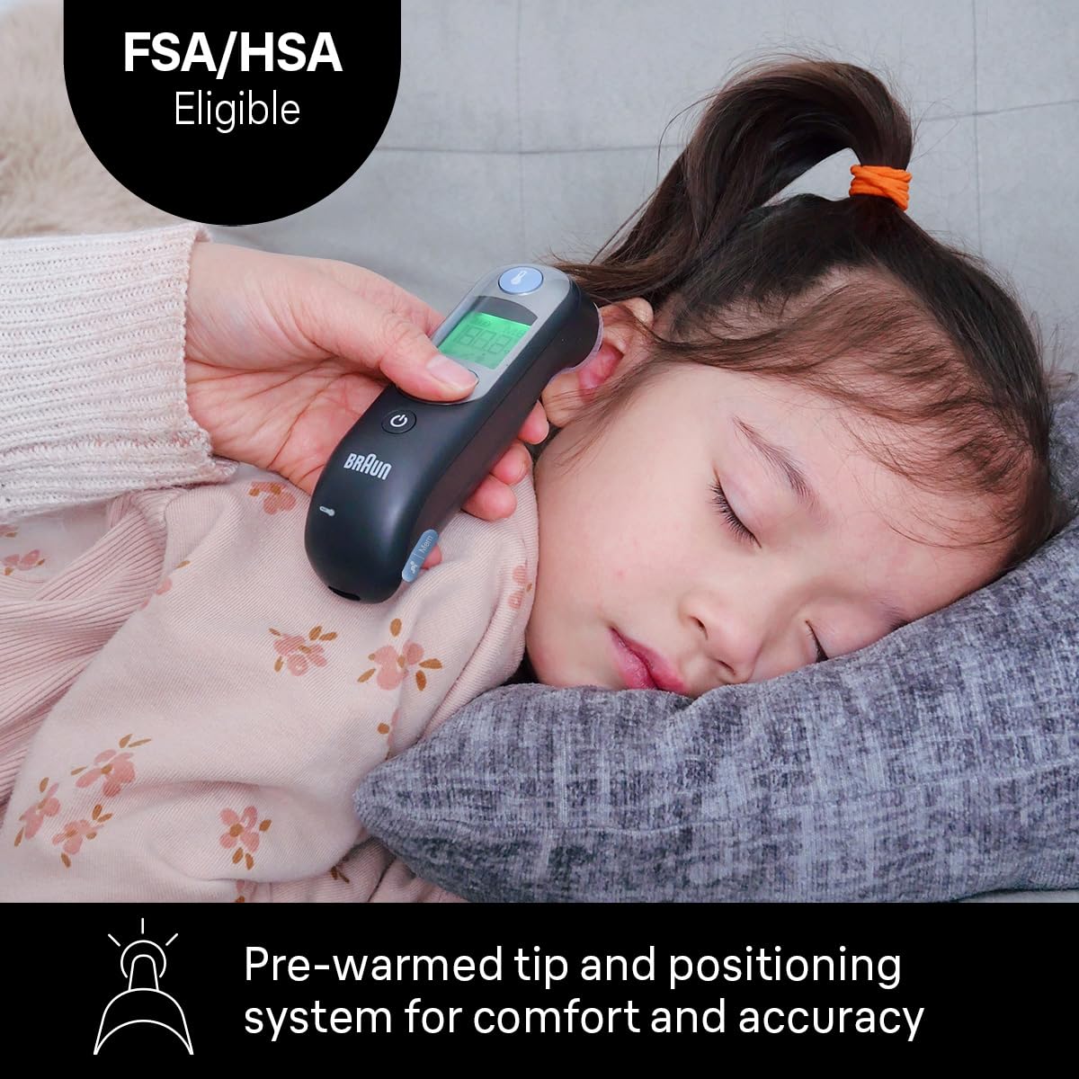 Braun ThermoScan 7 usado en el oído de un bebé para toma rápida segura