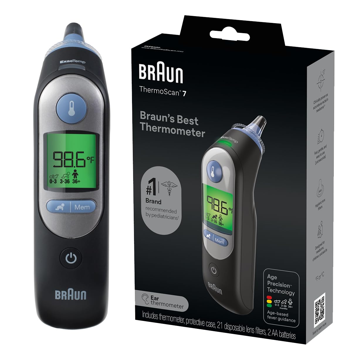 Braun ThermoScan 7 vista frontal con diseño ergonómico y uso cómodo