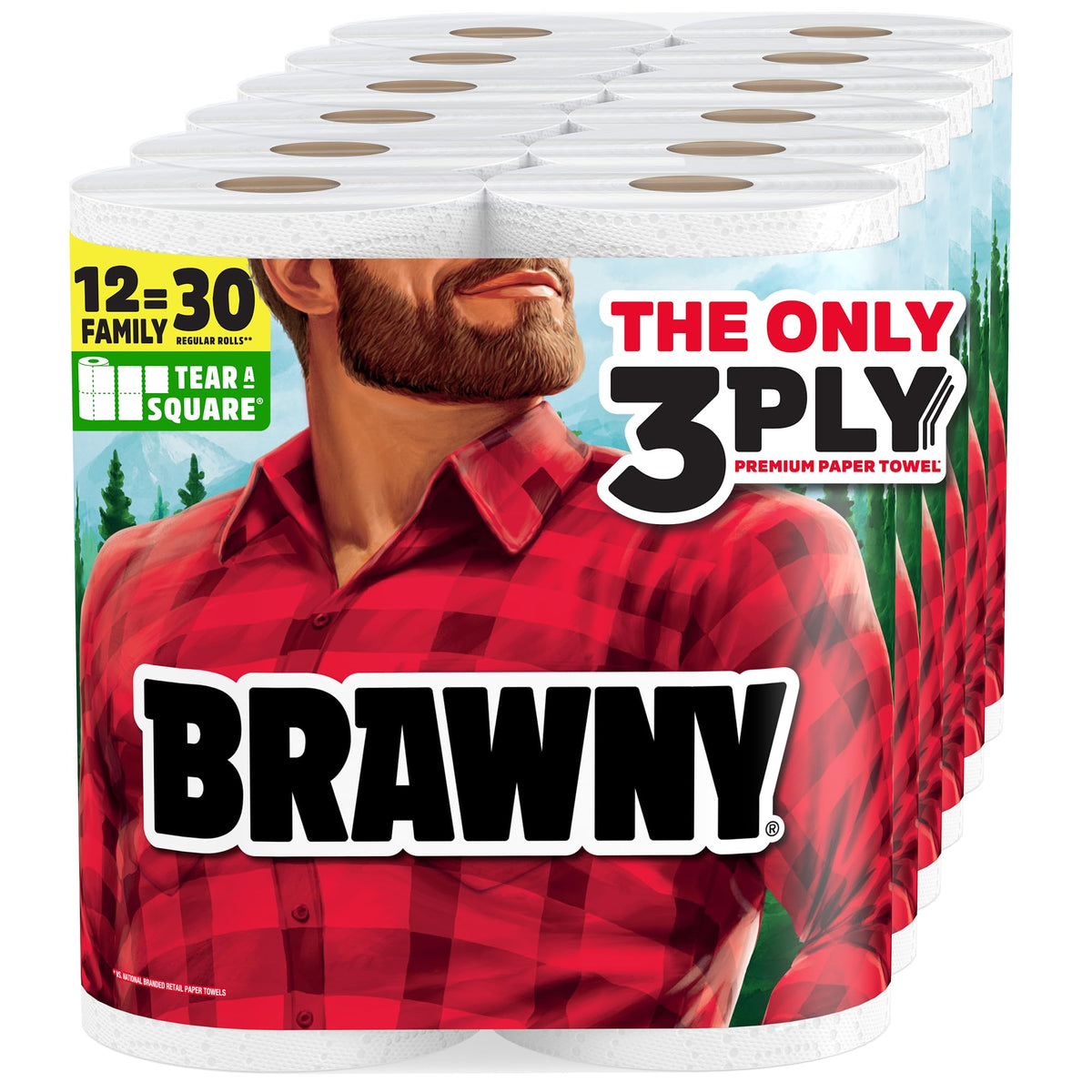 Brawny frente del paquete mostrando 12 XL Family Rolls y facilidad de almacenamiento