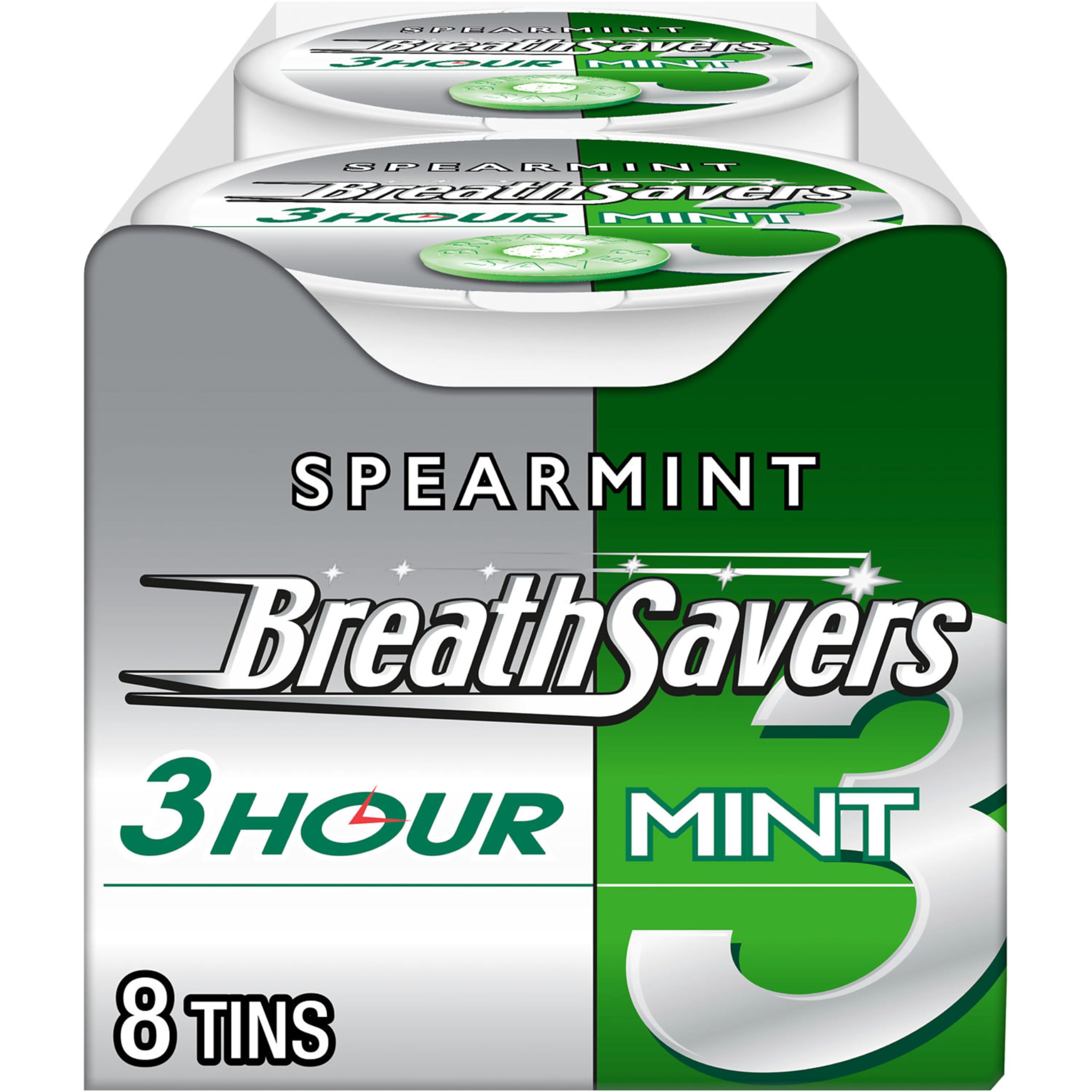 Breath Savers lata frontal mostrando diseño y tamaño práctico
