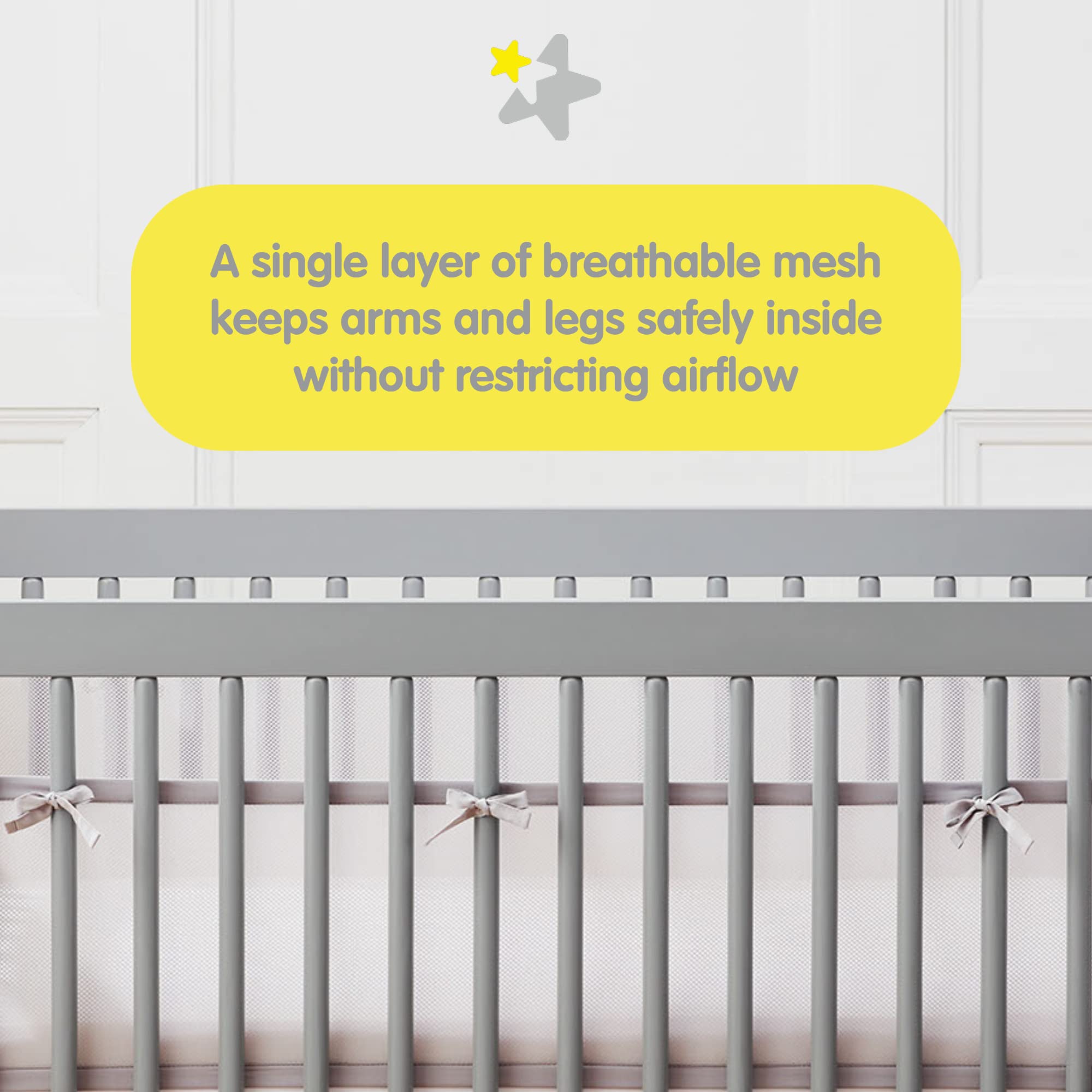 BreathableBaby panel corto colocado en esquina ilustrando ajuste seguro