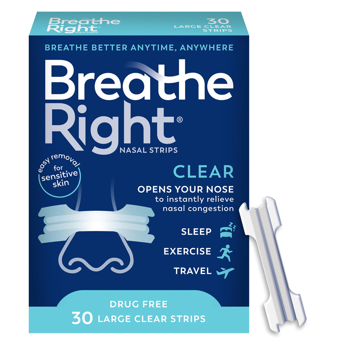 Breathe Right empaque frontal mostrando 30 tiras y beneficio respiratorio