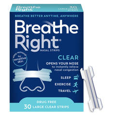 Breathe Right empaque frontal mostrando 30 tiras y beneficio respiratorio