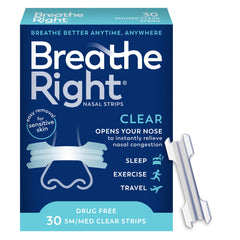 Breathe Right empaque frontal claro mostrando 30 tiras y beneficio respiración
