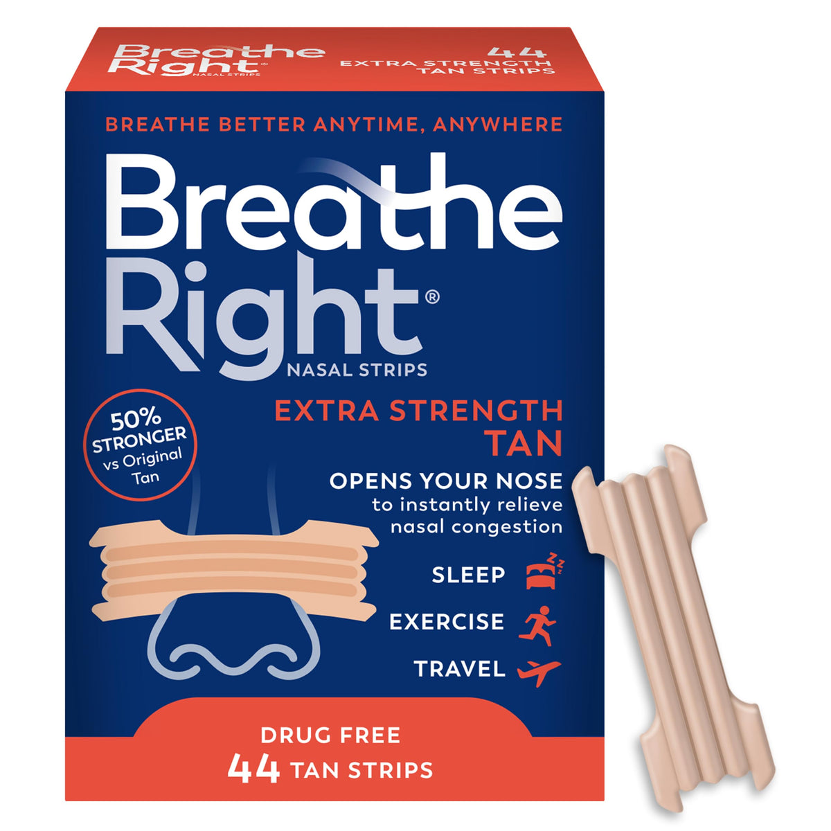 Breathe Right paquete frontal mostrando 44 tiras tan para alivio nasal inmediato