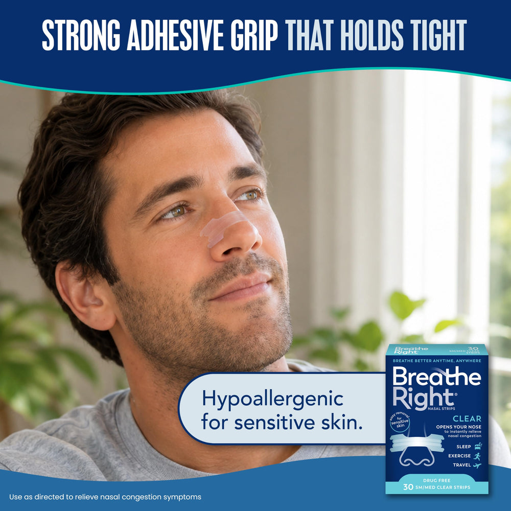 Breathe Right persona durmiendo con tira, reducción de ronquido y sueño más tranquilo
