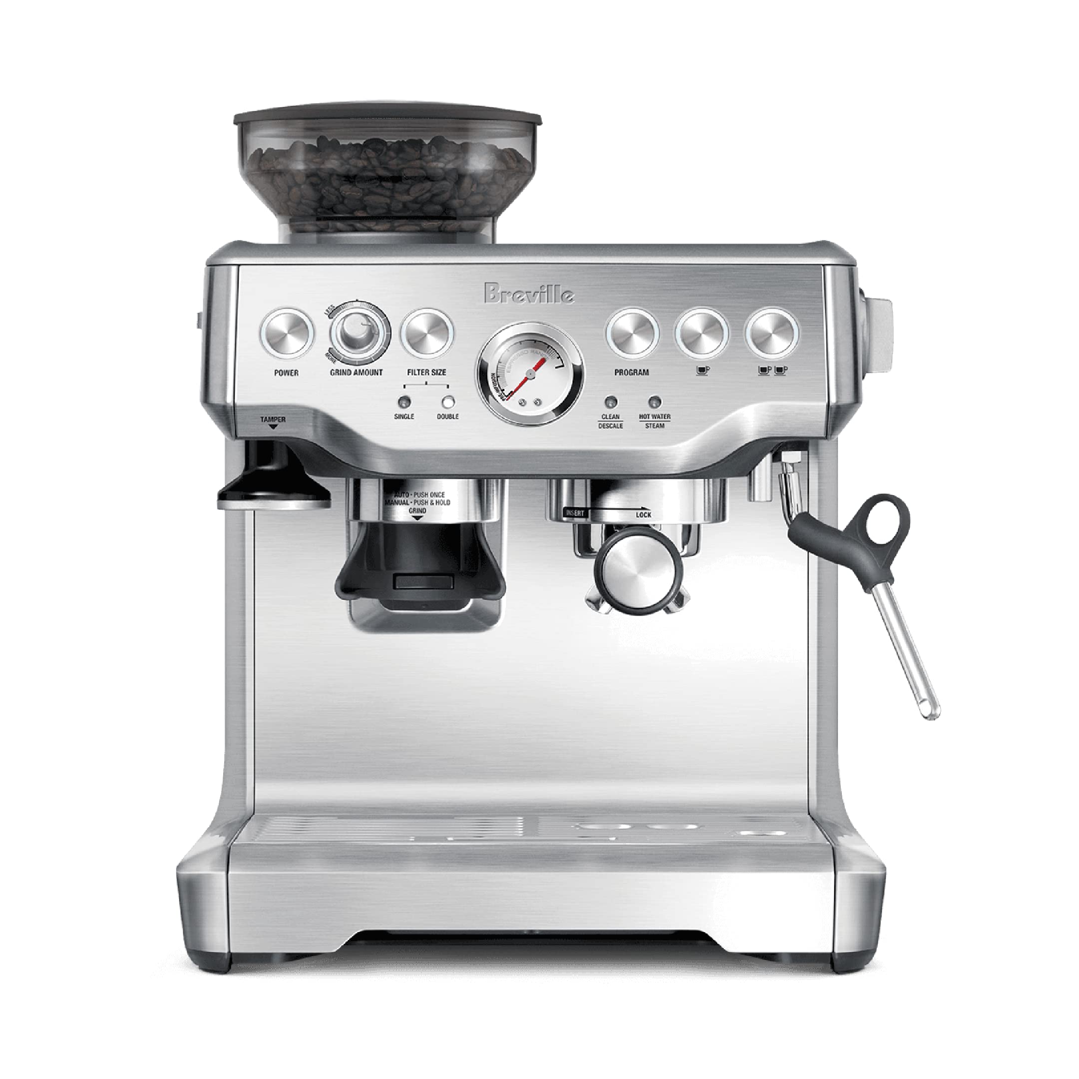 Breville Barista Express vista frontal elegante en acero, diseño profesional y duradero