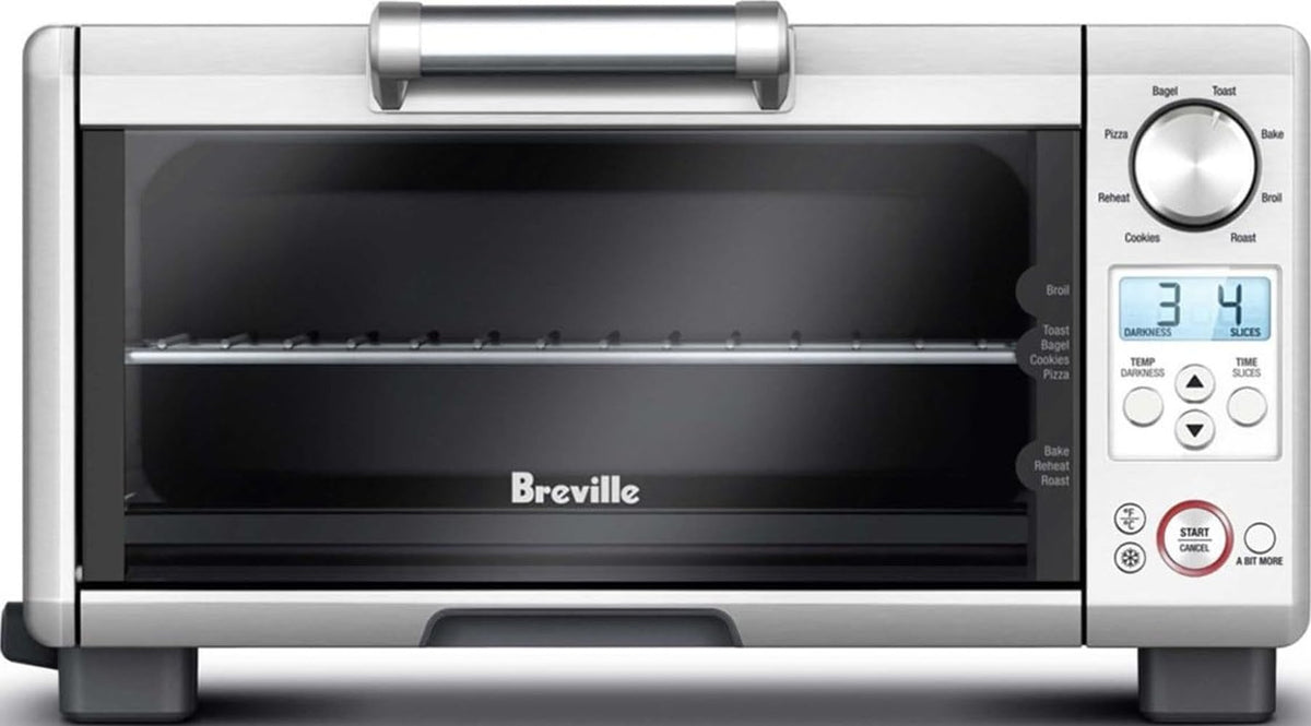 Breville BOV450XL vista frontal en acero inoxidable, diseño compacto beneficioso