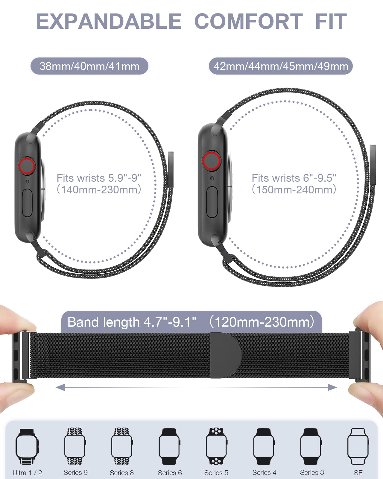 BRG correa junto a varios tamaños de Apple Watch para compatibilidad clara