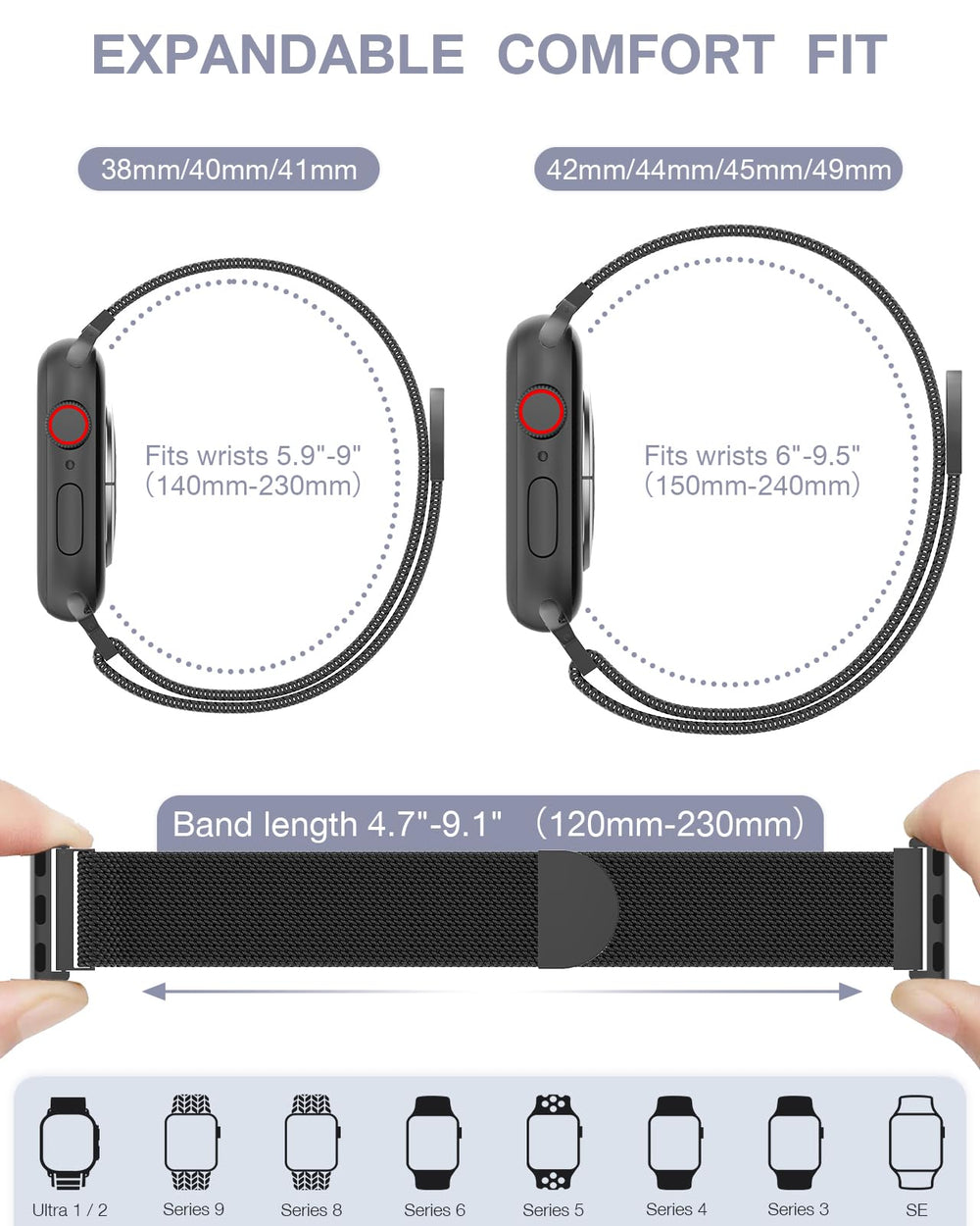 BRG correa junto a varios tamaños de Apple Watch para compatibilidad clara