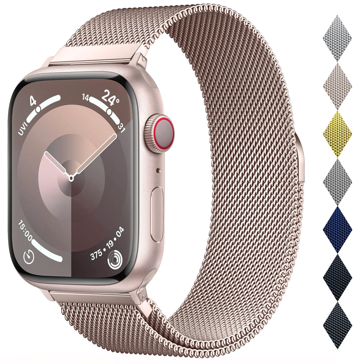 BRG vista frontal de la correa mostrando ajuste compatible Apple Watch y aspecto elegante