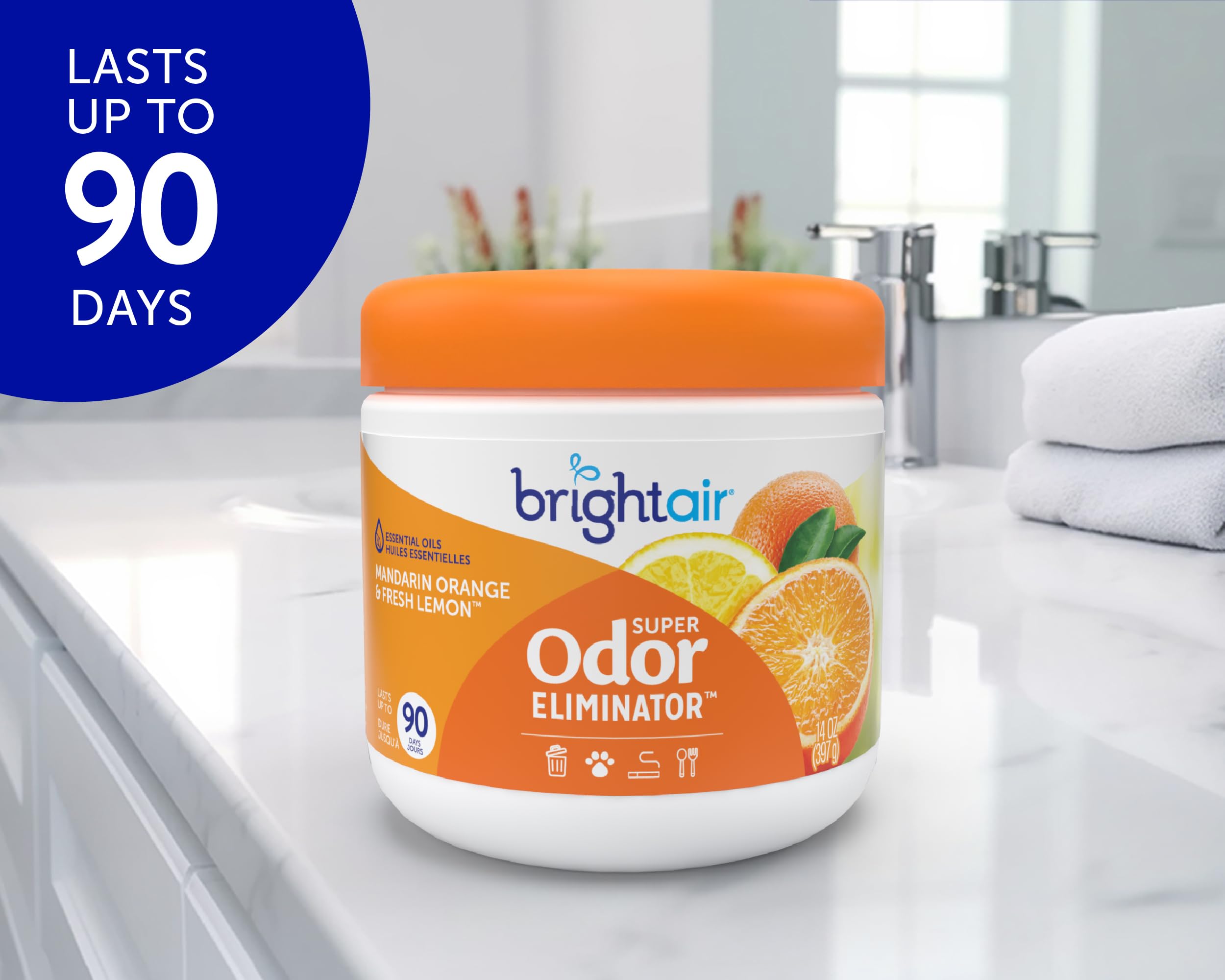 Bright Air junto a objeto para escala, demuestra 14 oz y duración