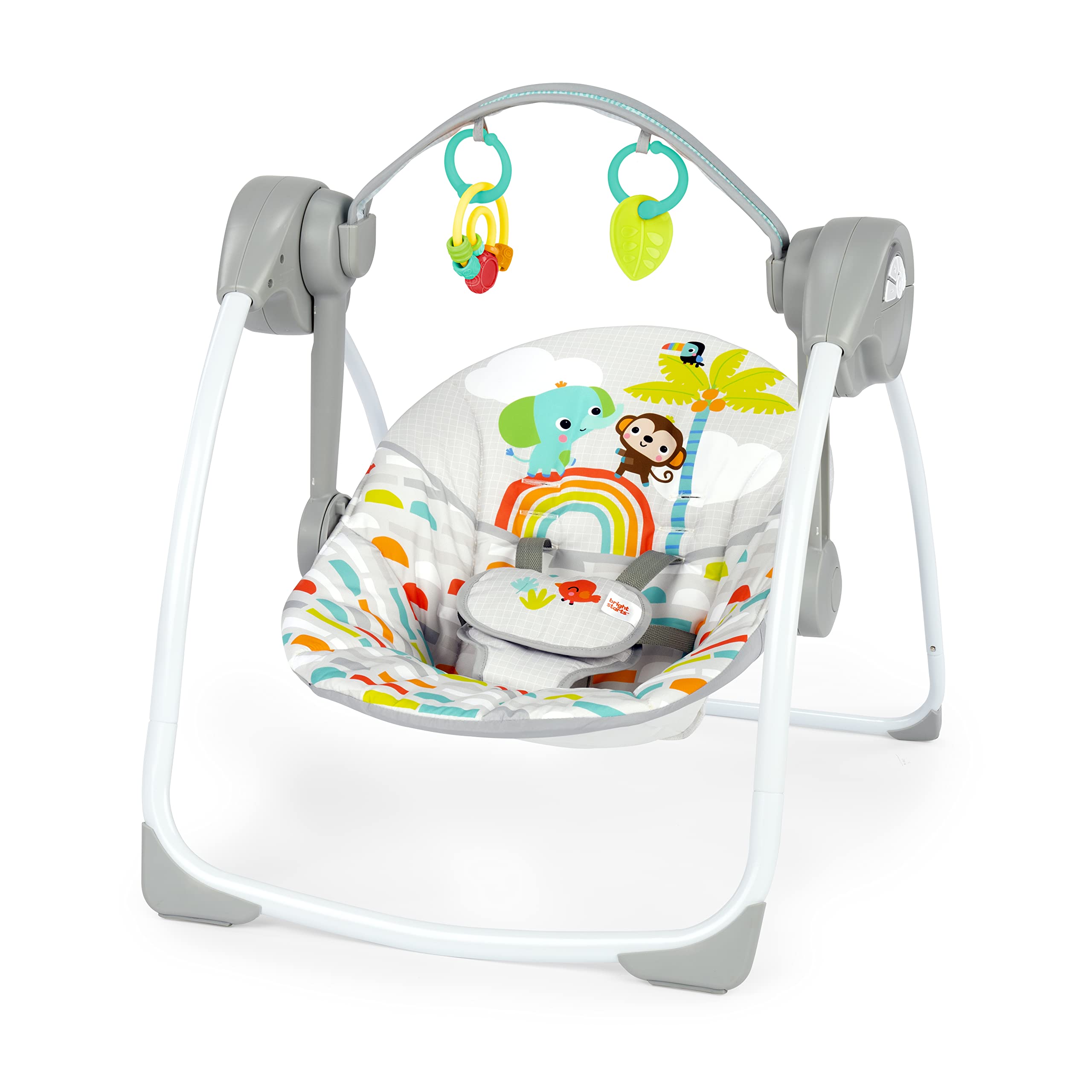 Bright Starts columpio frontal mostrando diseño portátil y colores alegres
