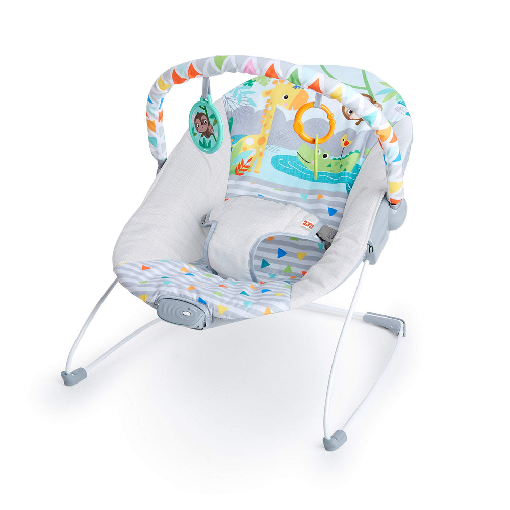 Bright Starts frente del bouncer Safari Fun mostrando diseño y postura segura