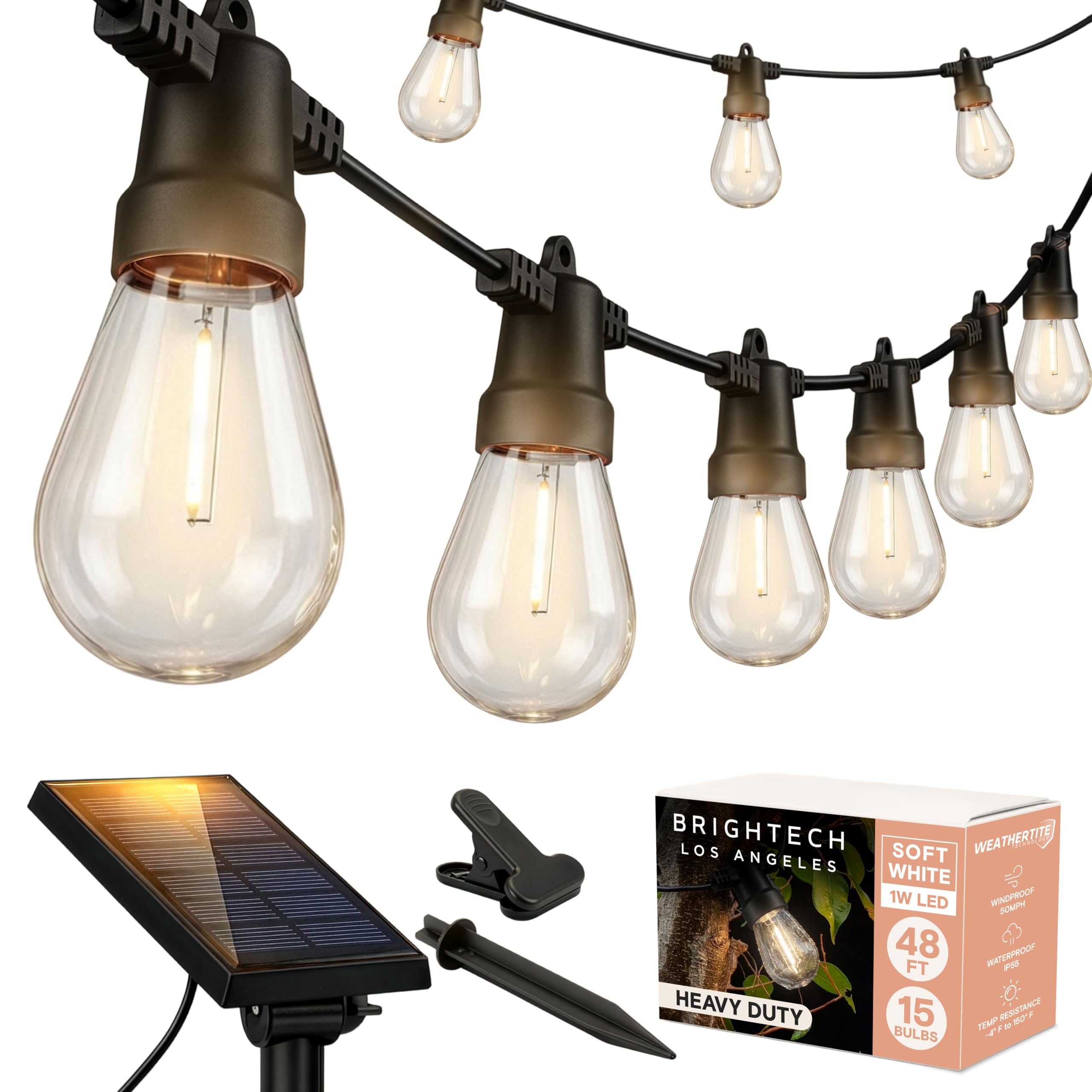 brightech mostrando la guirnalda frontal iluminada para ambiente cálido