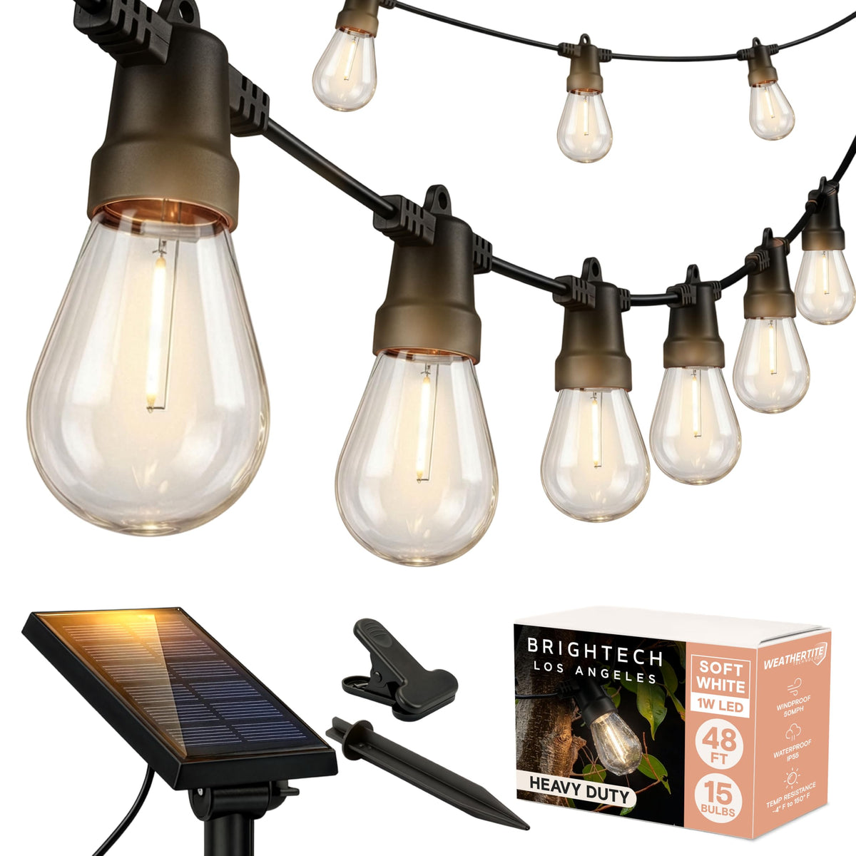 brightech mostrando la guirnalda frontal iluminada para ambiente cálido