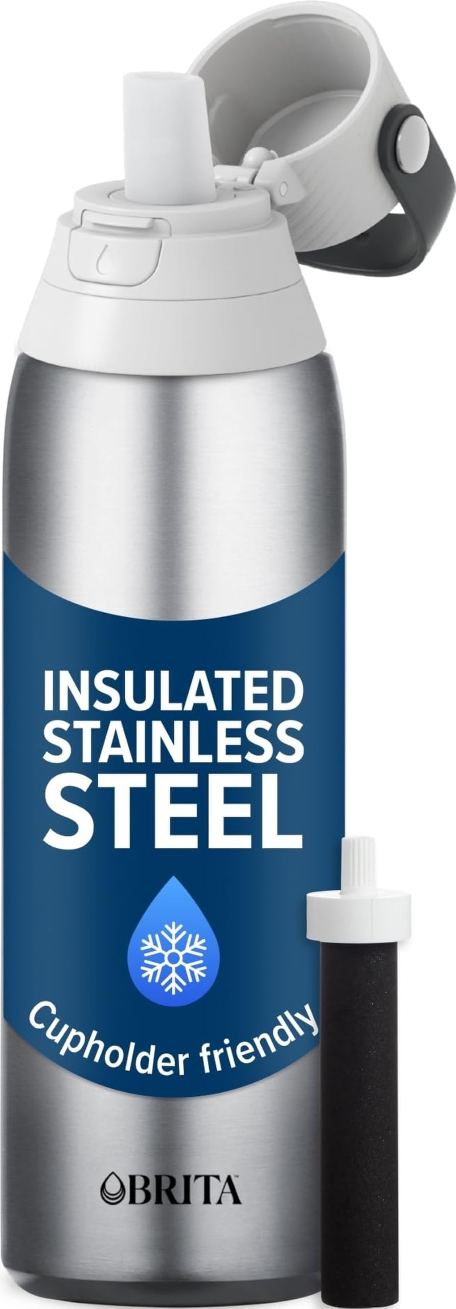 BRITA botella acero frontal mostrando diseño resistente y beneficio de reutilización