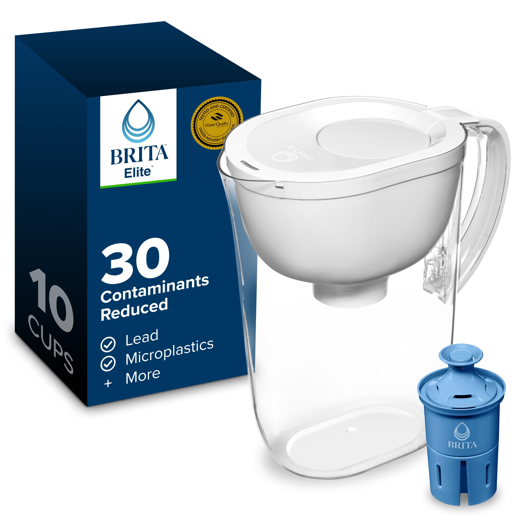 BRITA jarra frente mostrando forma y capacidad para 10 tazas, ayuda a reducir plástico