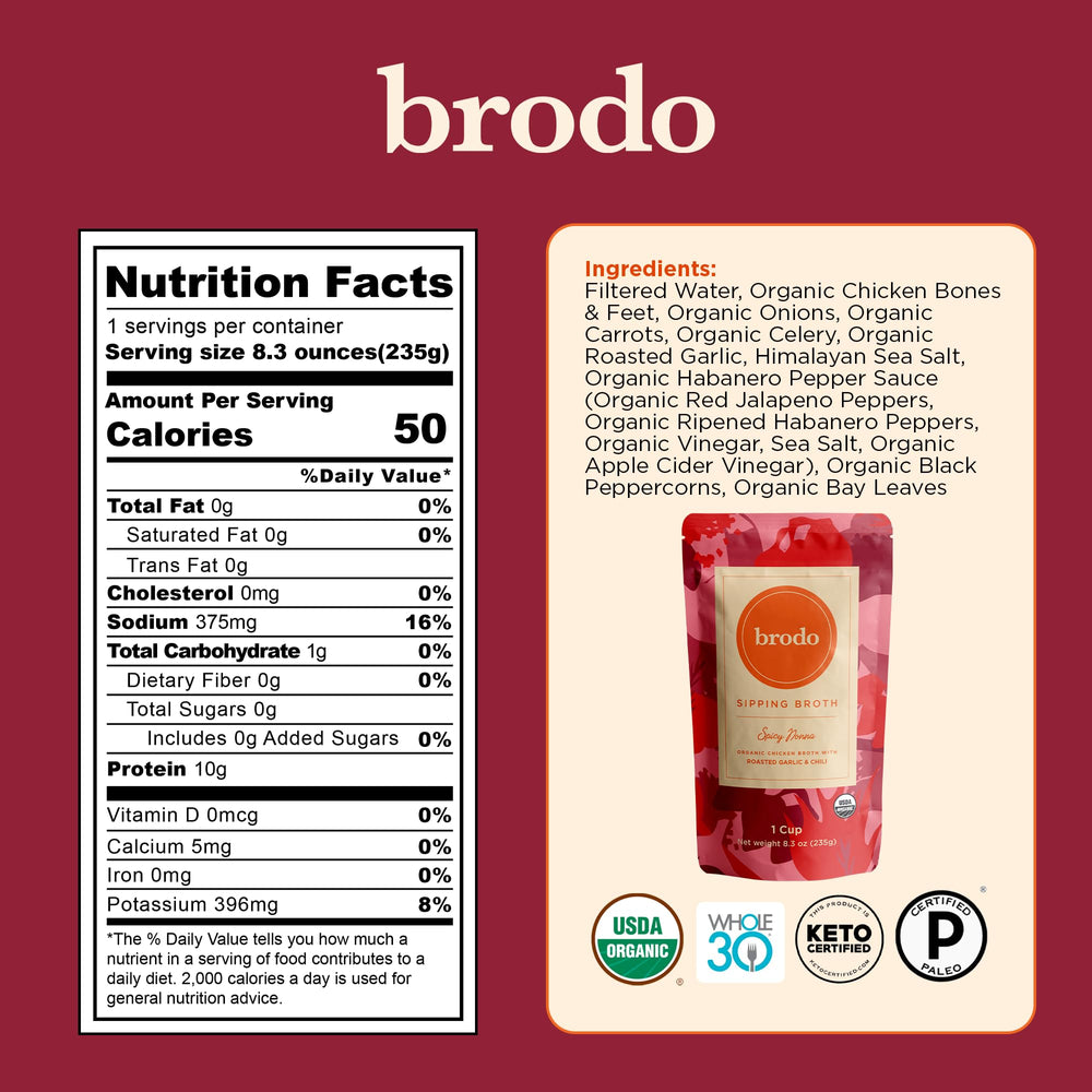 Brodo pouch junto a una taza para comparar tamaño y porción práctica