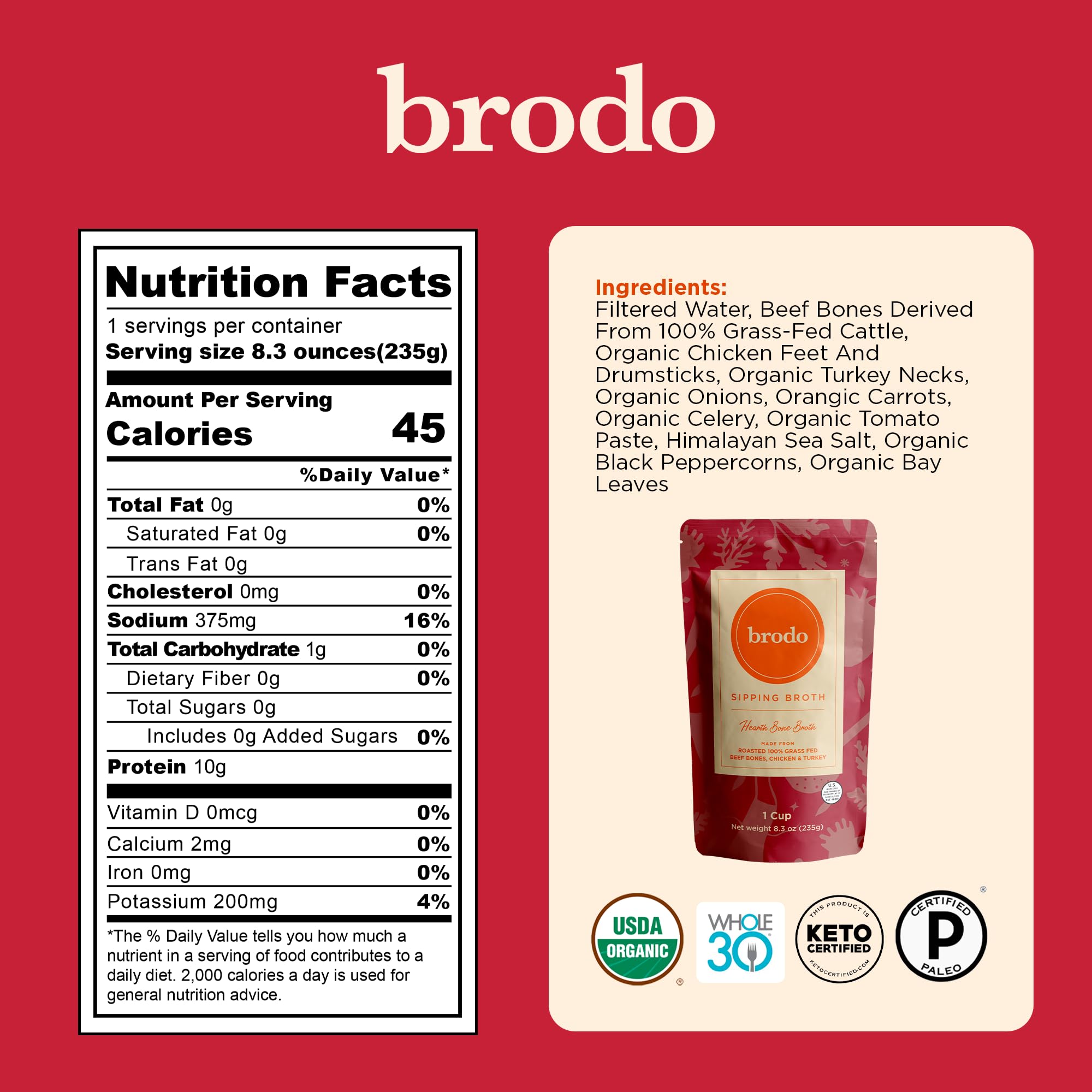 Brodo etiqueta con ingredientes orgánicos y transparencia en proceso