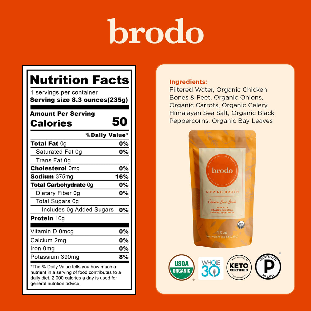 Brodo pouch abierto con vapor listo para beber, calor y confort rápido