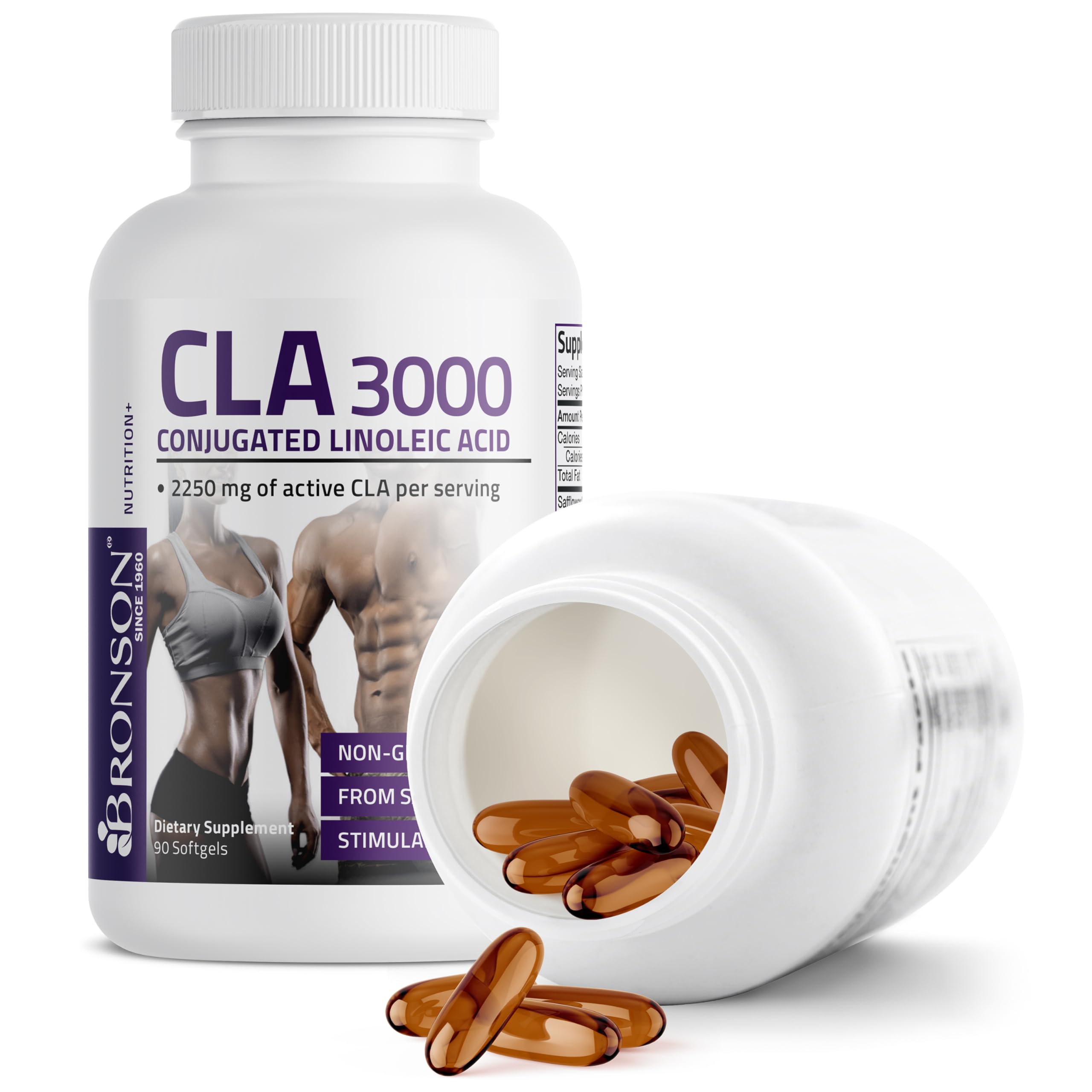 Bronson CLA 3000 etiqueta nutricional resaltando 2250 mg por toma y origen de cártamo