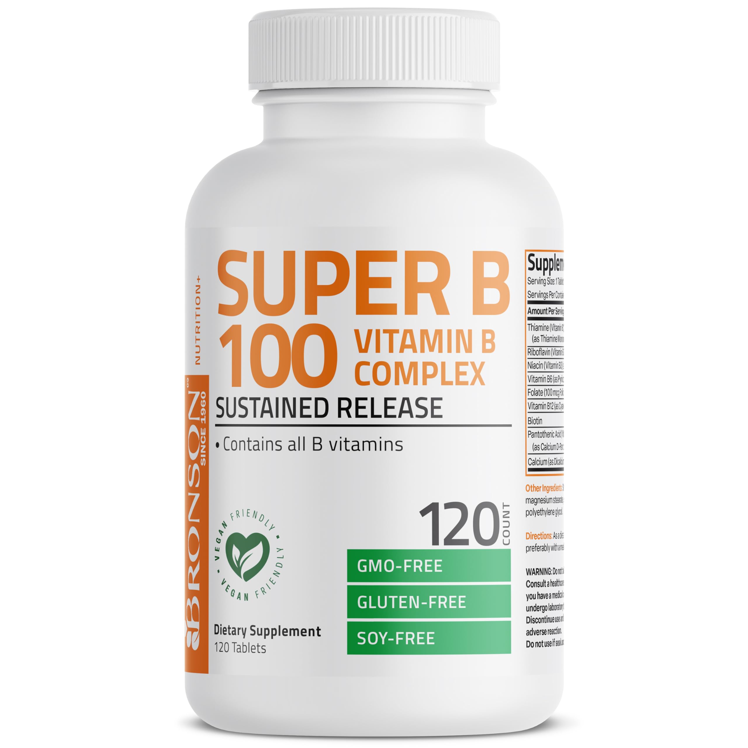 Bronson Super B100 frasco abierto con tabletas para tomar una diaria