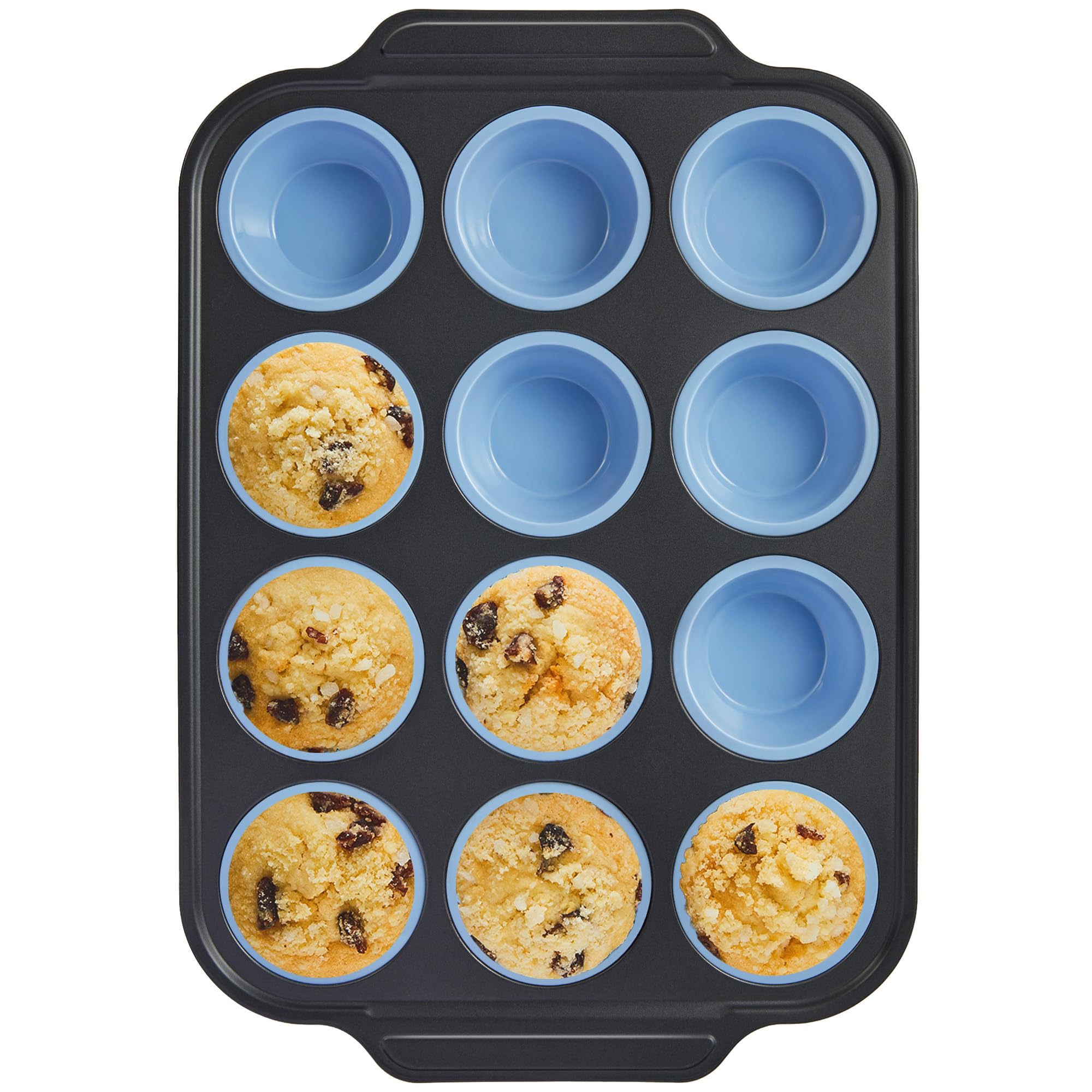 BRONYPRO vista frontal del molde azul para 12 muffins con marco estable